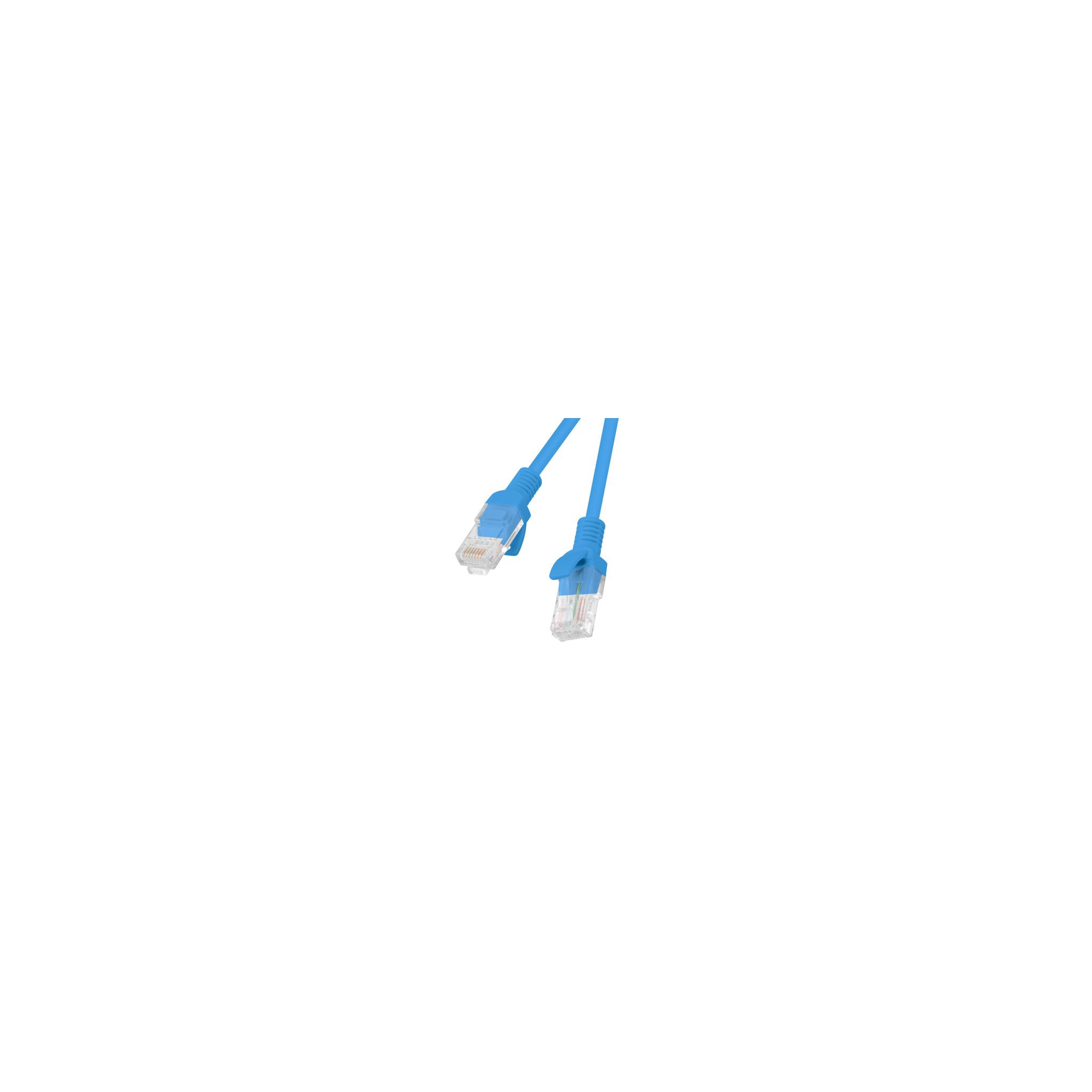 Due cavi Ethernet blu con connettori RJ45 su sfondo bianco.