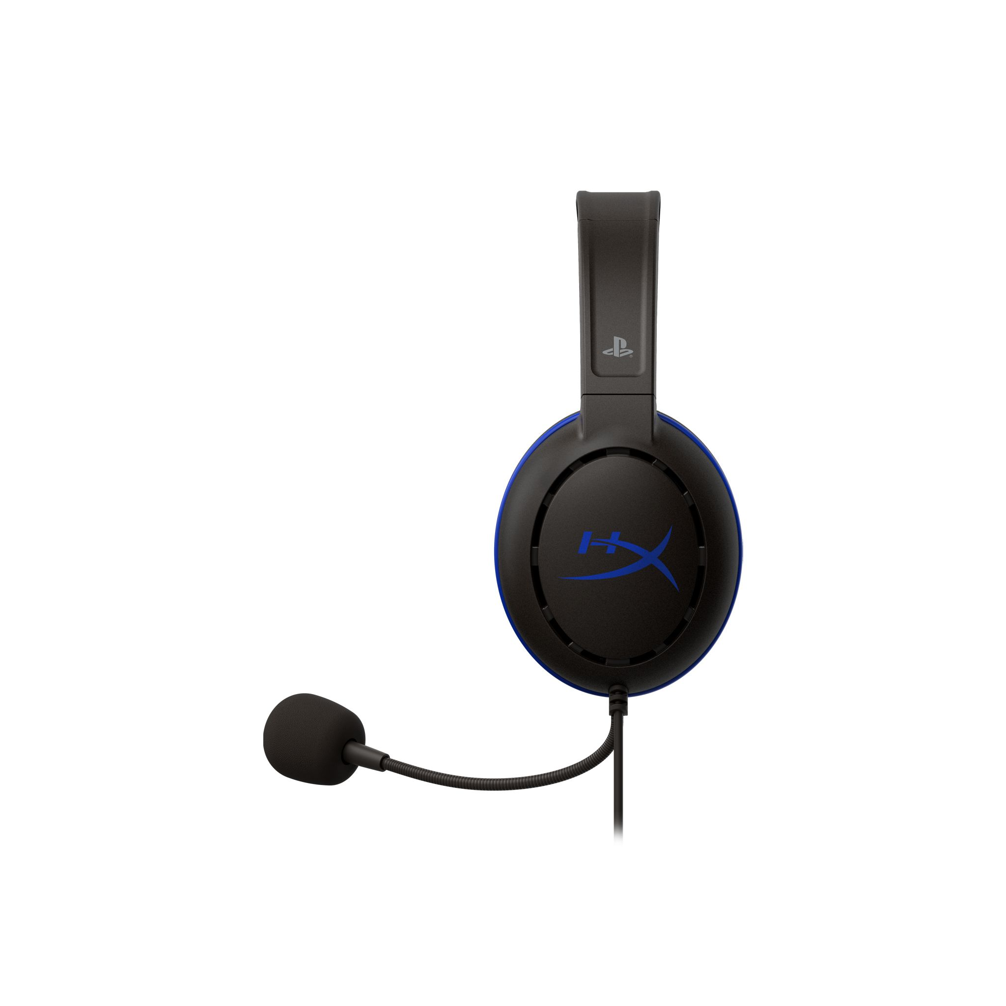 Czarne i niebieskie słuchawki do gier z mikrofonem. Widoczne logo PlayStation.