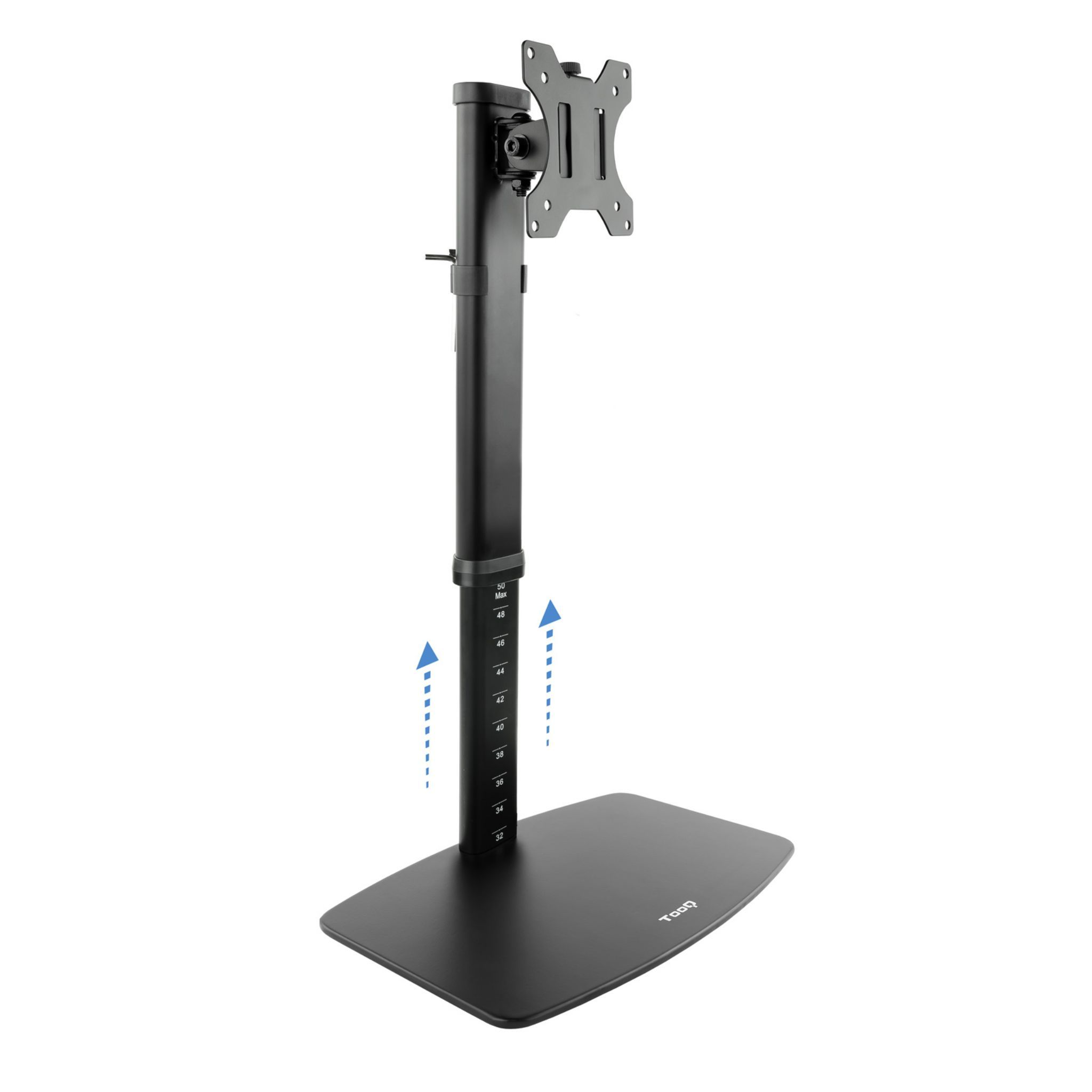 Soporte de monitor negro con base rectangular y columna vertical con medidas.