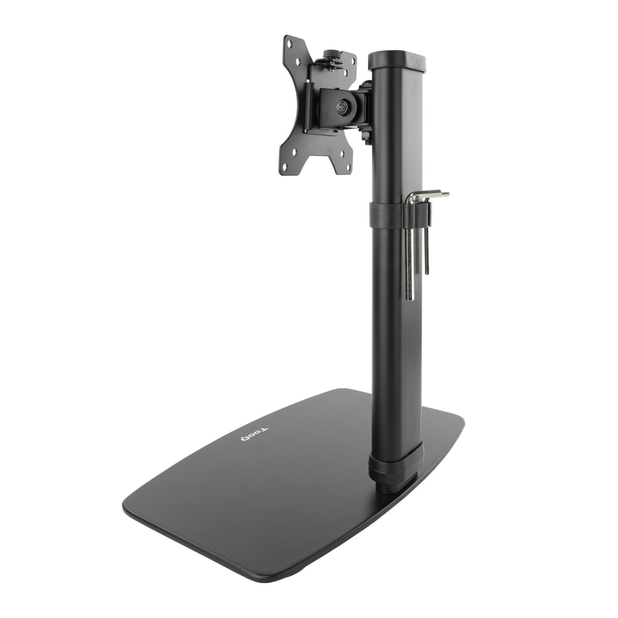 Un soporte de monitor negro con una base negra y un poste negro con un soporte para monitor.