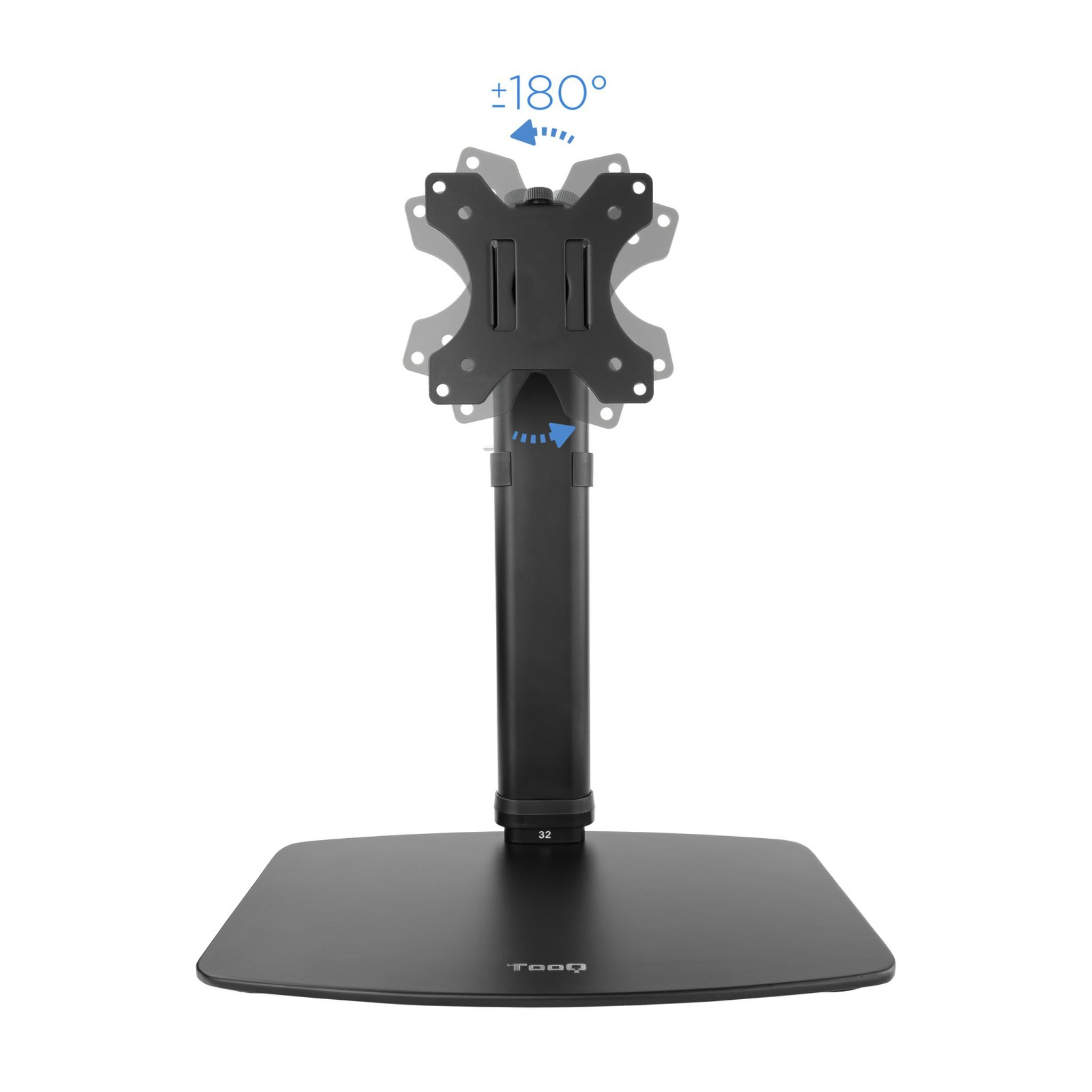 Soporte de monitor negro con brazo ajustable. Fondo blanco.