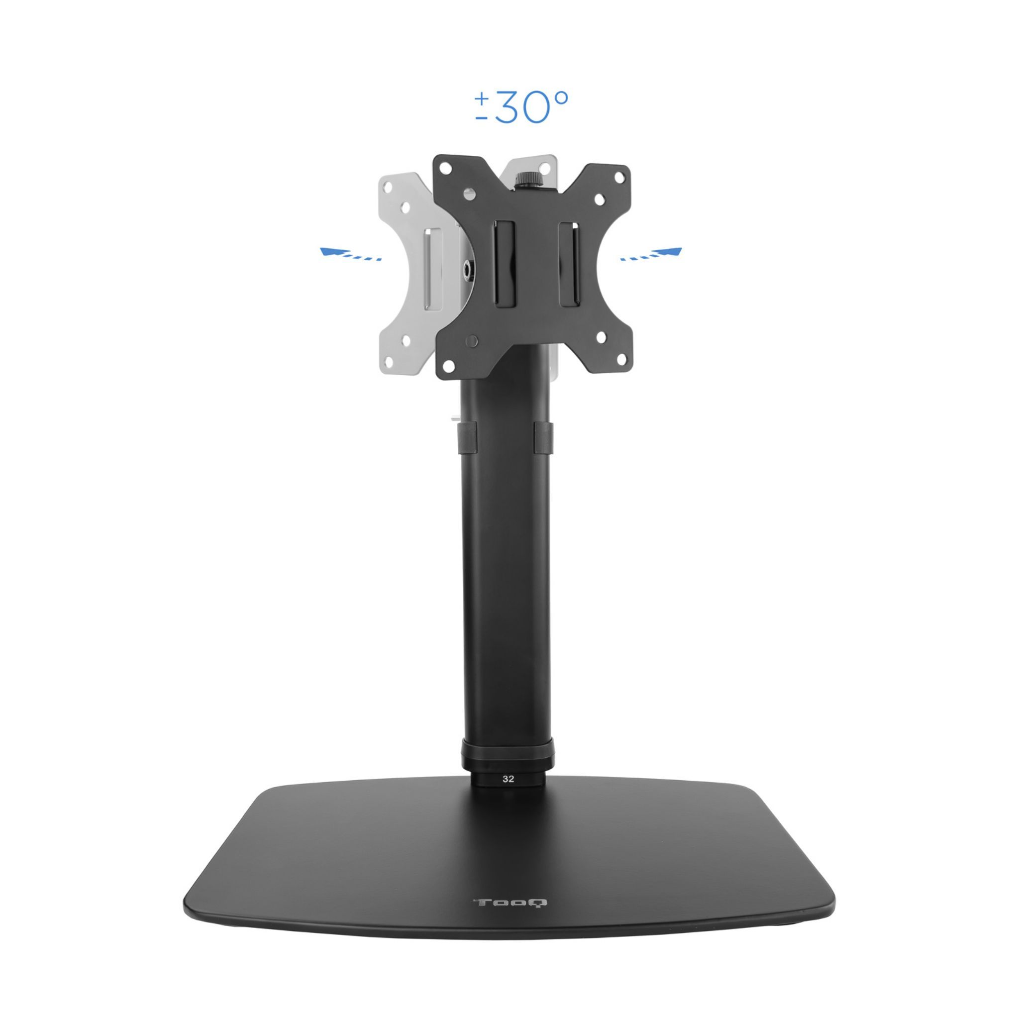 Soporte de monitor negro con cabezal ajustable. La flecha indica un ángulo de 30 grados. La base es cuadrada.