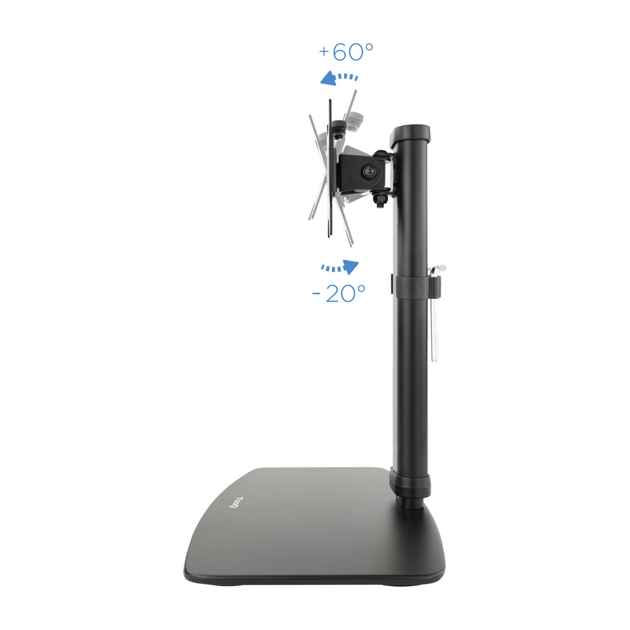 Un soporte de monitor negro con brazo ajustable. Las flechas muestran los ajustes de inclinación.