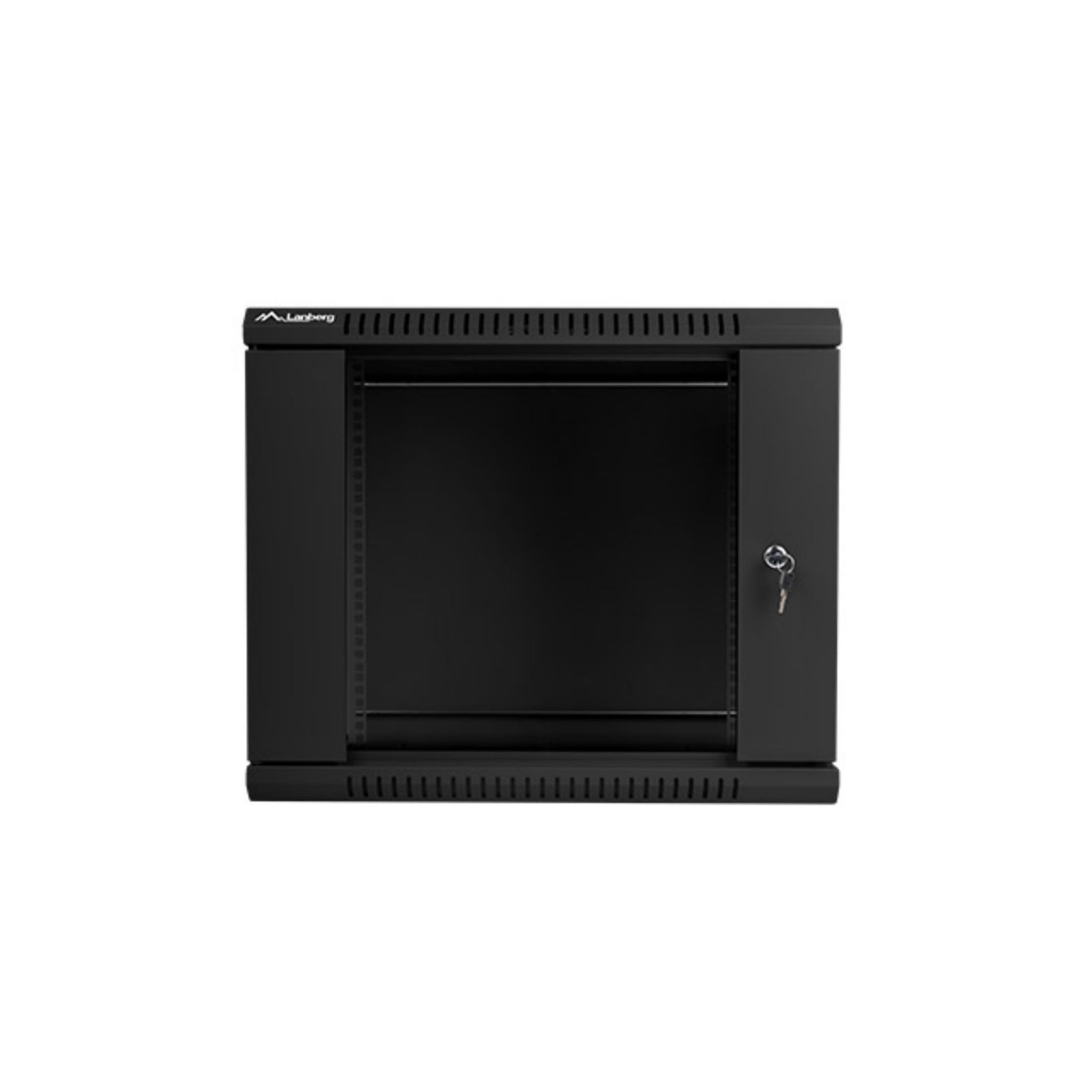 Armario rack negro con puerta, cerradura y llave sobre blanco.