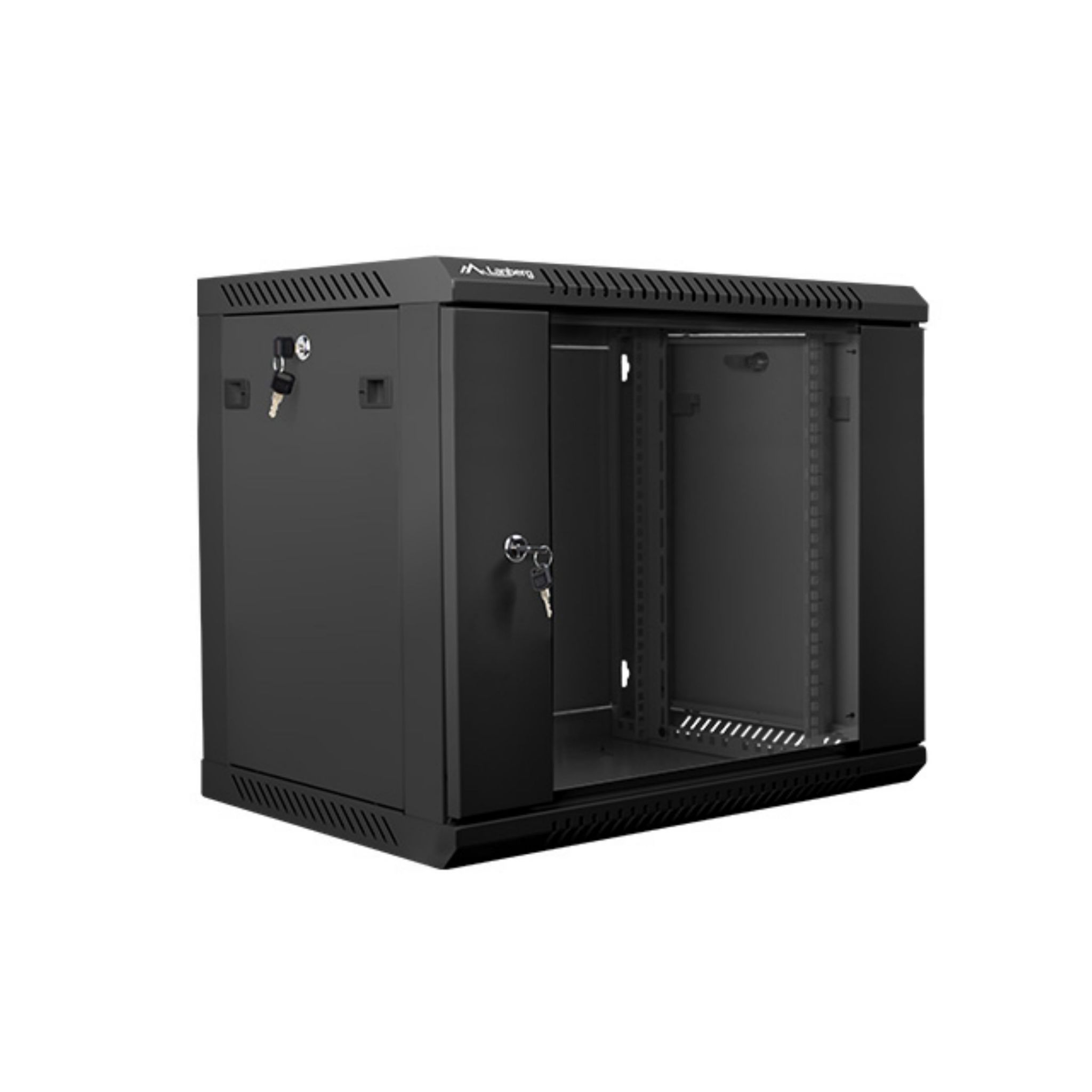 Armario rack de servidor negro con puertas y llaves. Fondo blanco.