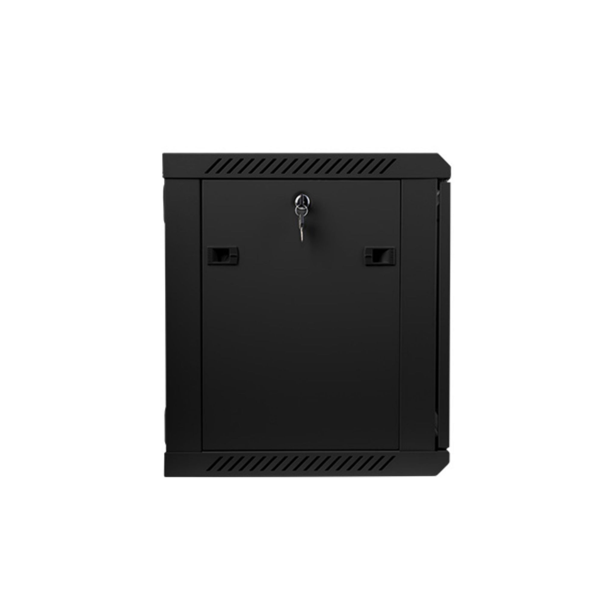 Un armario rack negro con una llave en la puerta. Vista frontal.