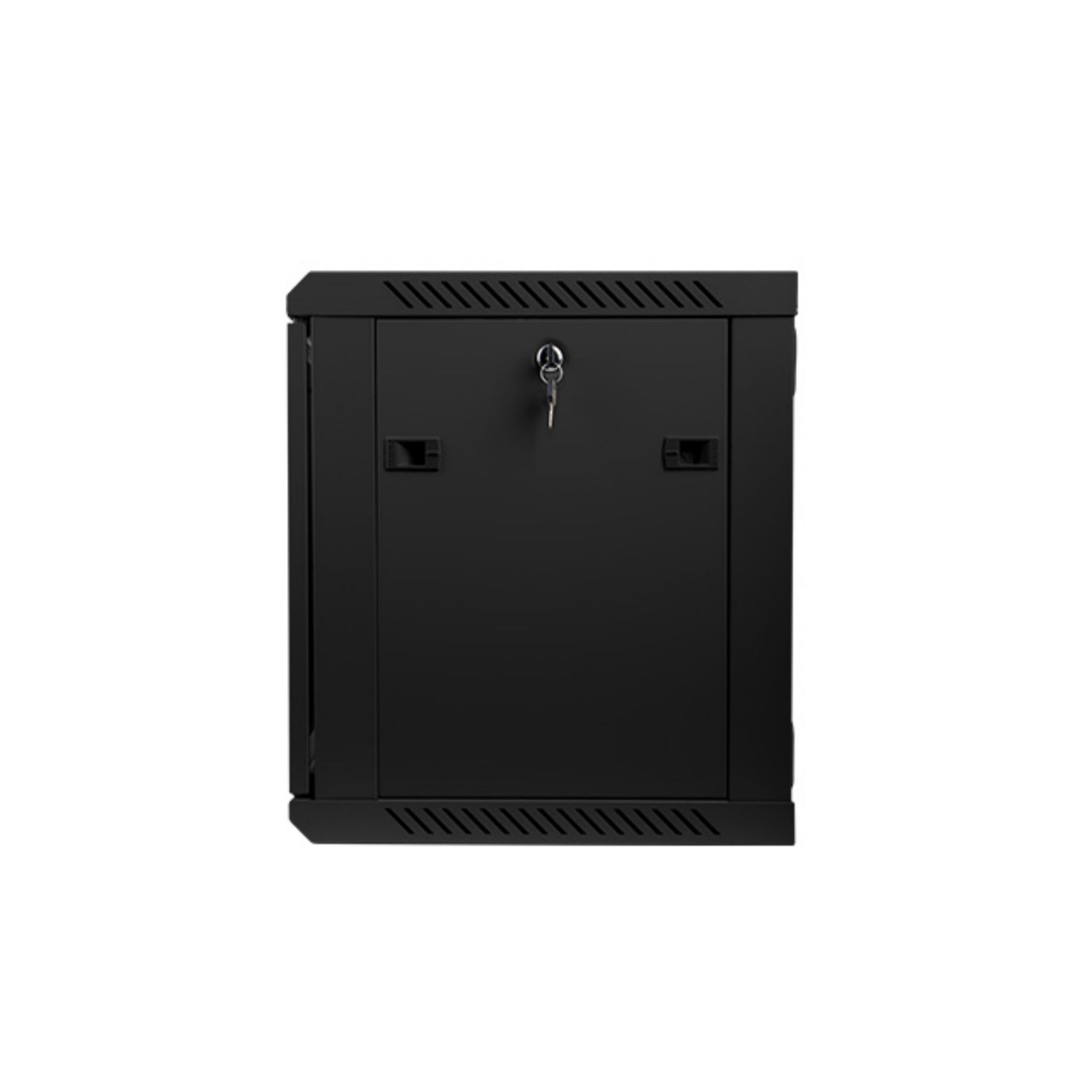 Rack de servidor negro con una llave en la cerradura.