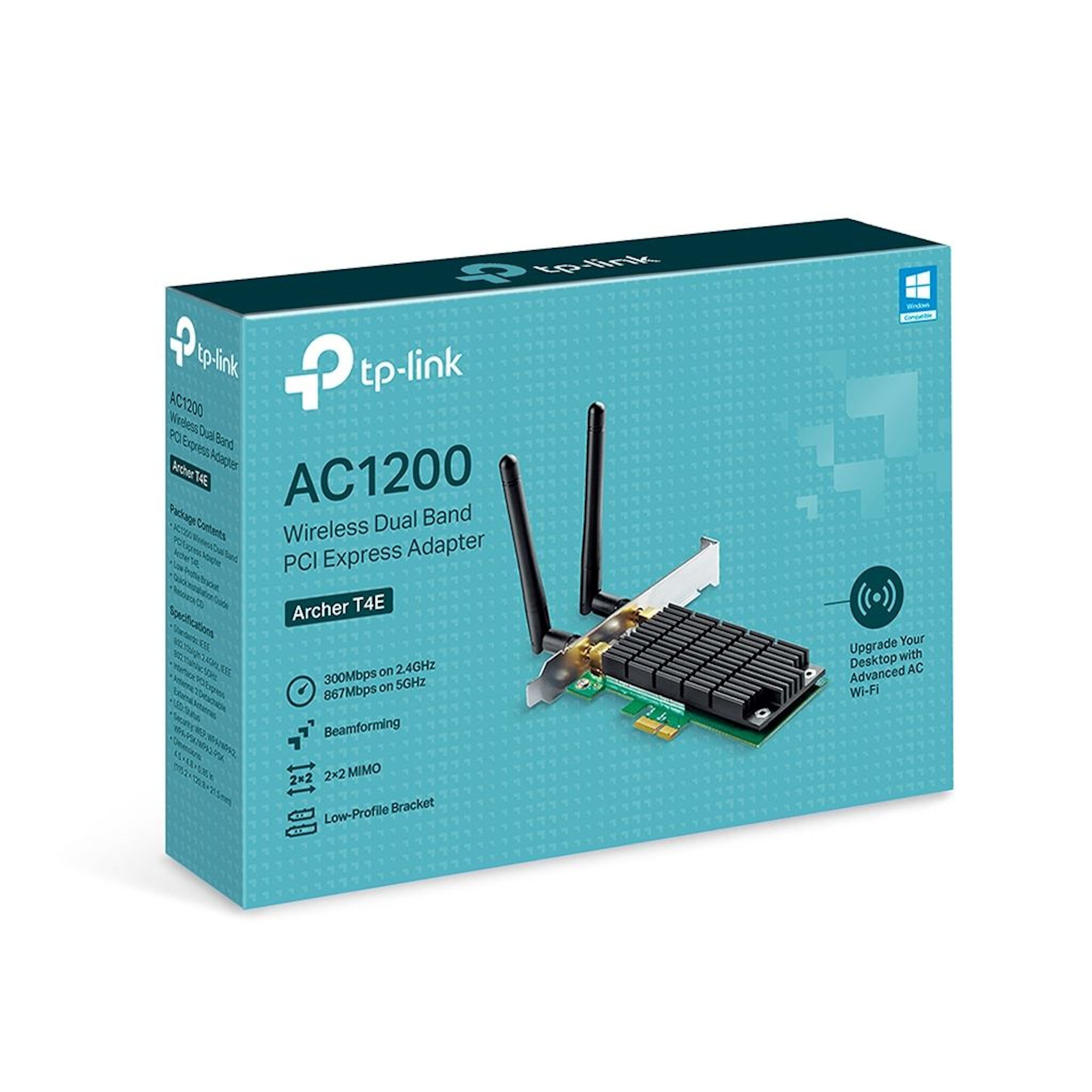 Niebiesko-białe pudełko bezprzewodowego adaptera PCI Express TP-Link AC1200. Widoczne anteny.