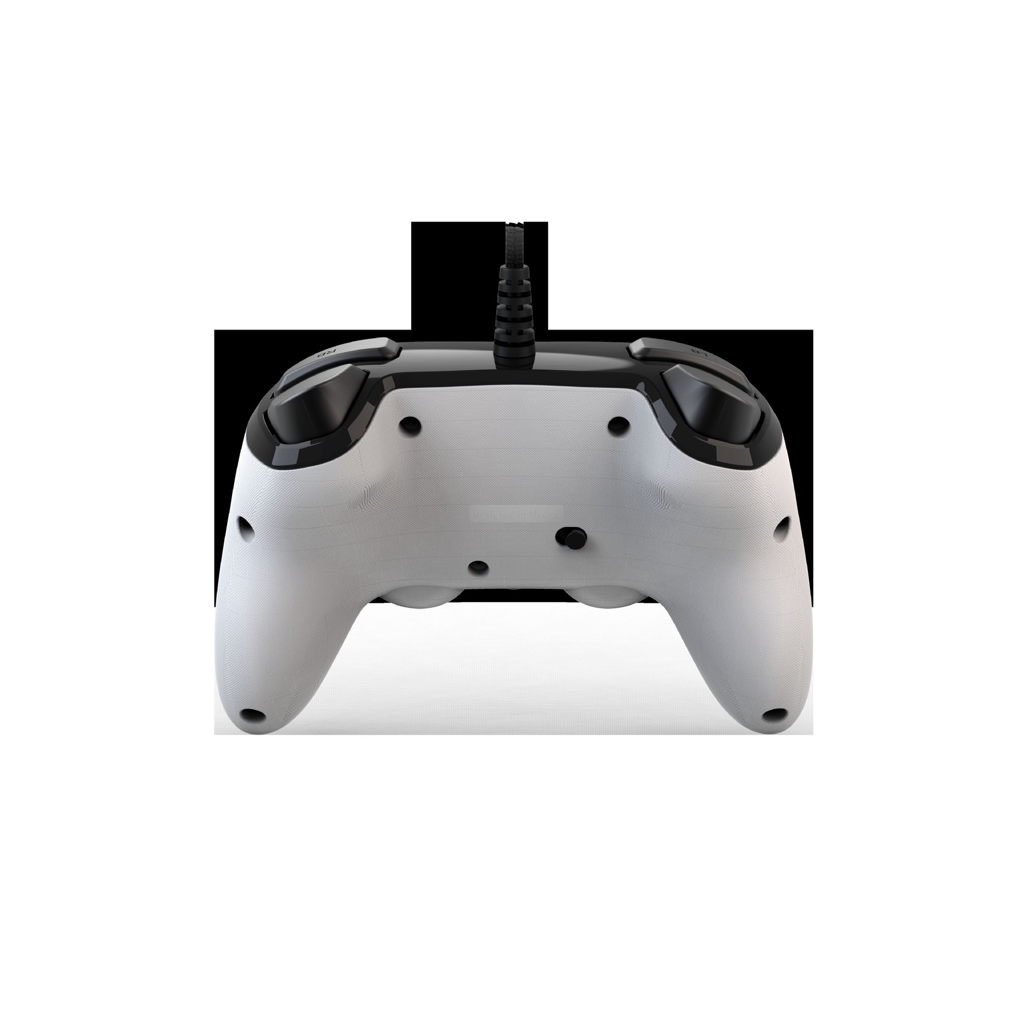 Biało-czarny kontroler, z czarnym kablem, na białym tle.