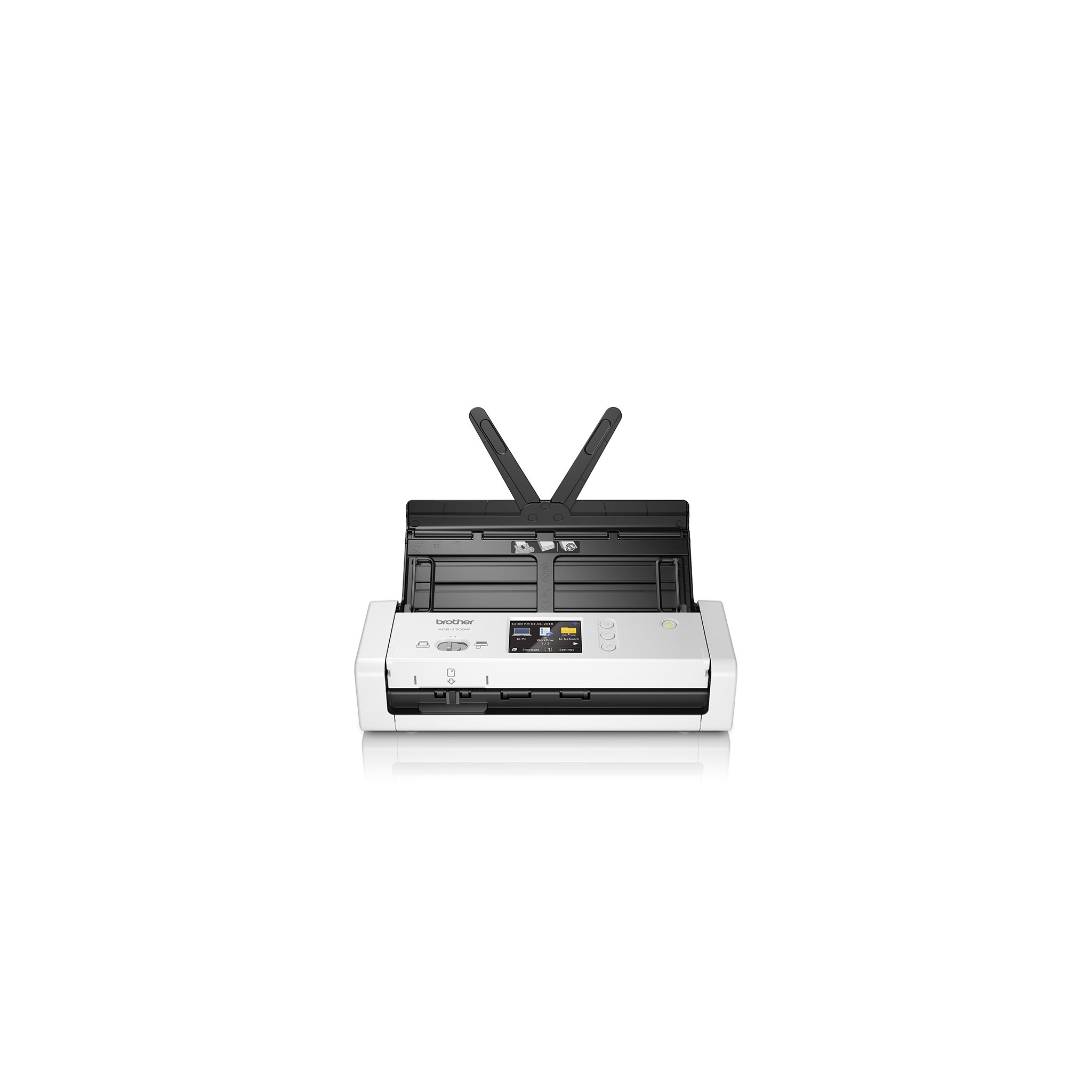 Weißer Brother-Scanner mit offenem Deckel und zwei Antennen auf weißem Hintergrund.