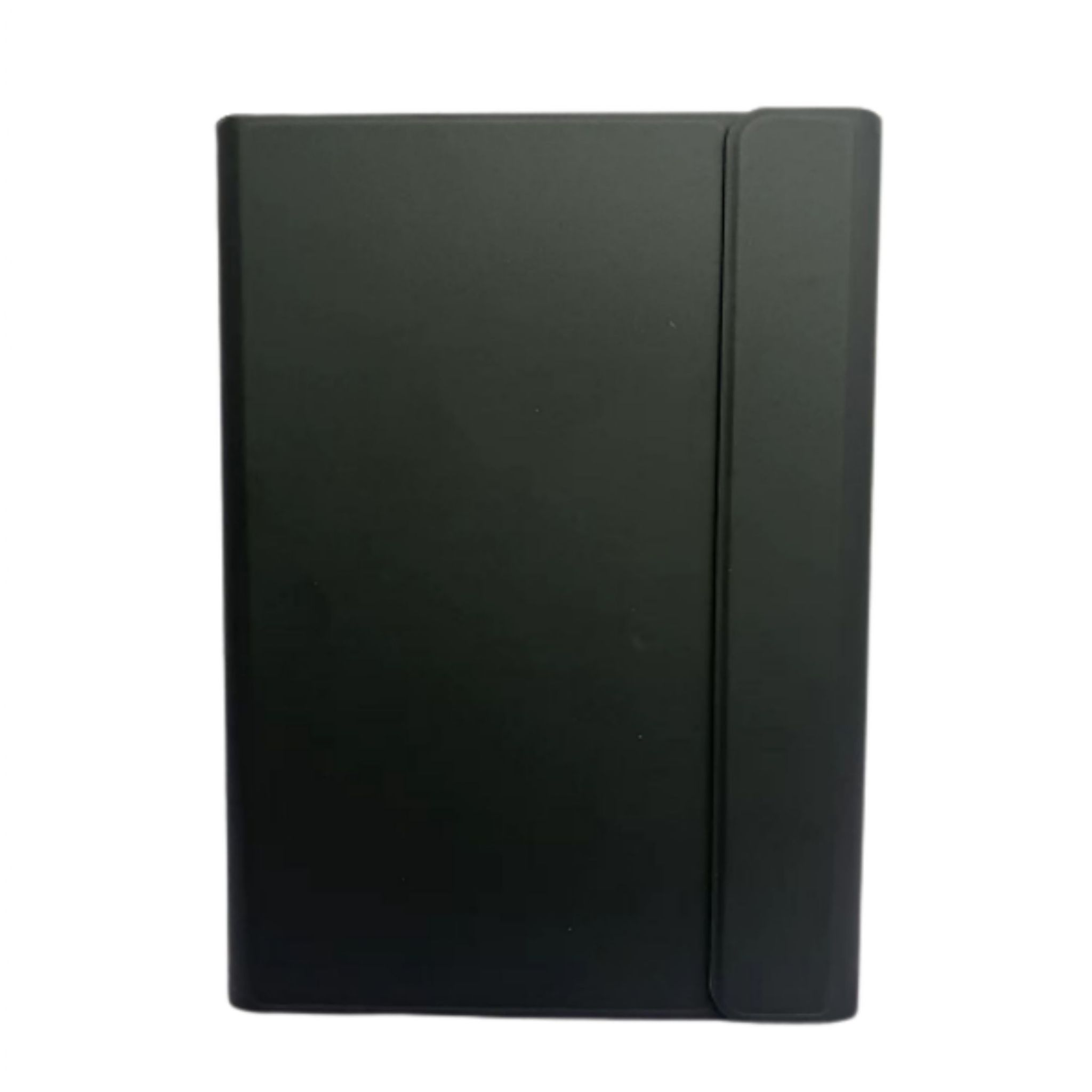Custodia per tablet nera, chiusa. Nera, rettangolare. Sfondo bianco.