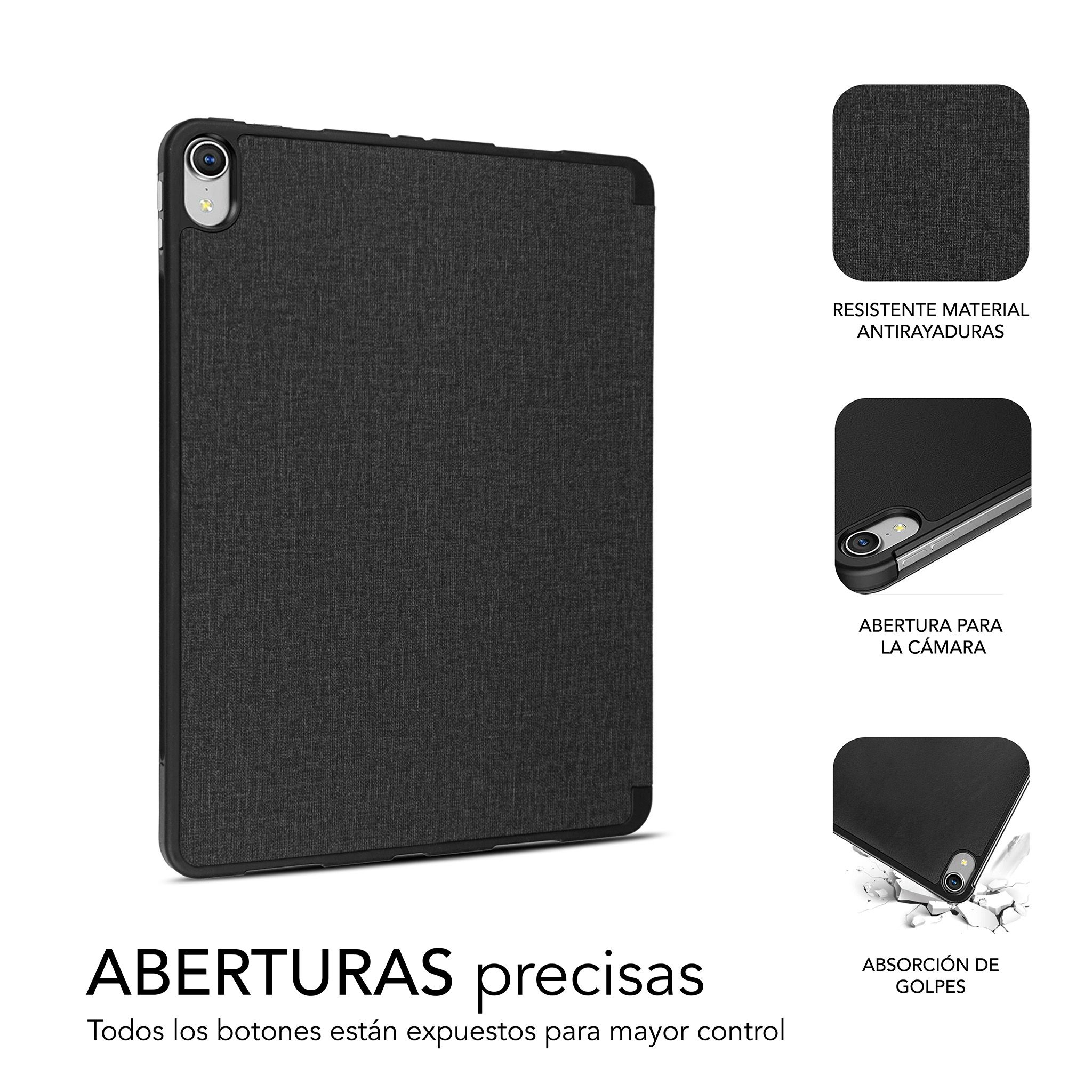 Una funda negra para tableta con una superficie texturizada, con un diseño preciso.