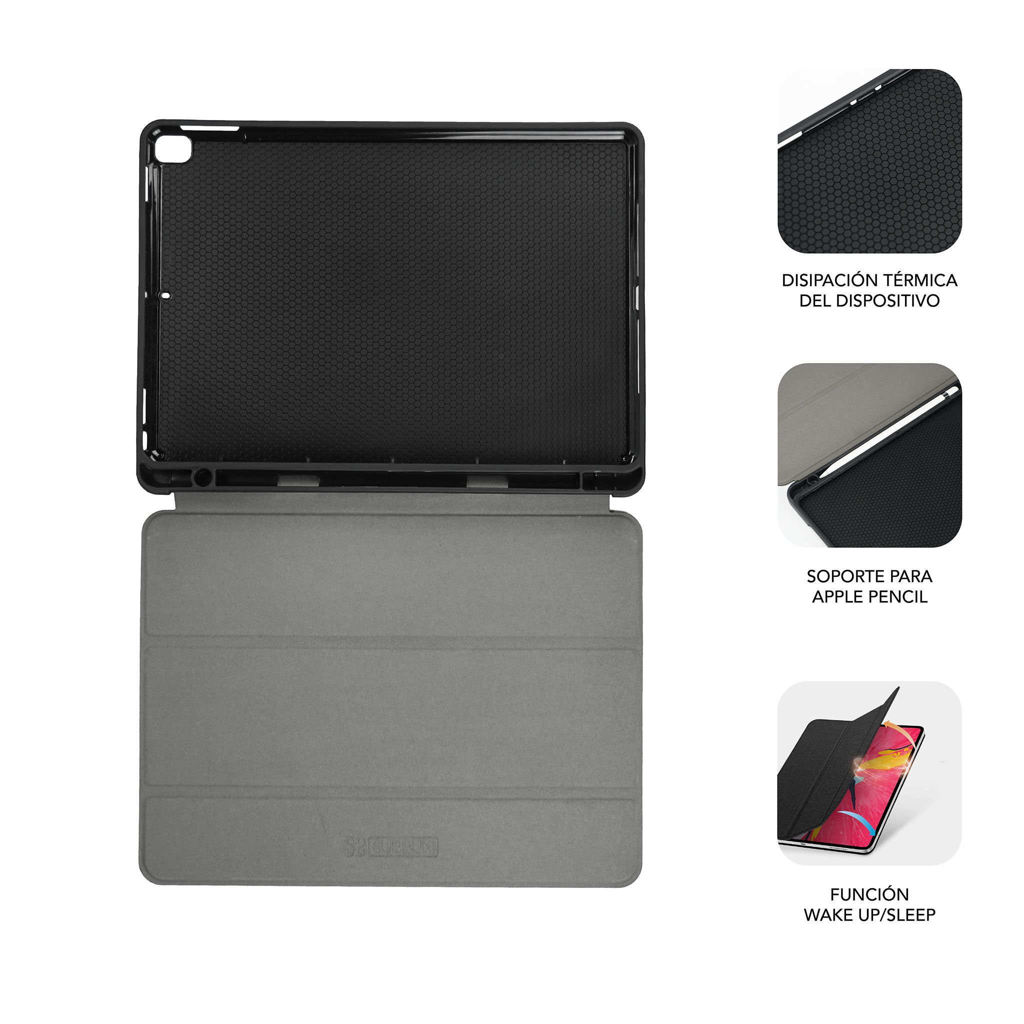Funda de tableta, abierta, con un iPad dentro. Exterior gris, interior negro. Fondo blanco.