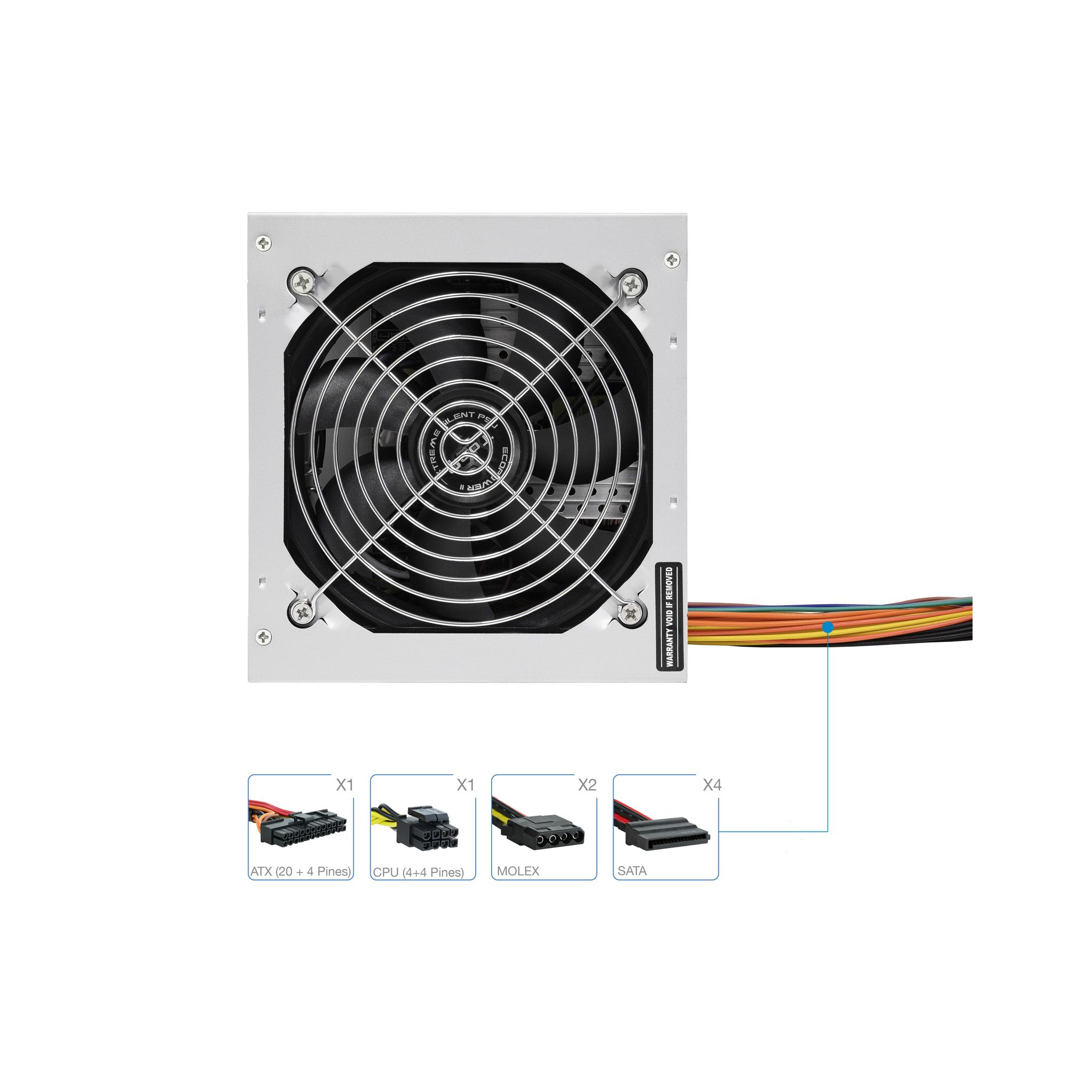 Zasilacz komputerowy z wentylatorem, złączami i kablami. Białe tło.