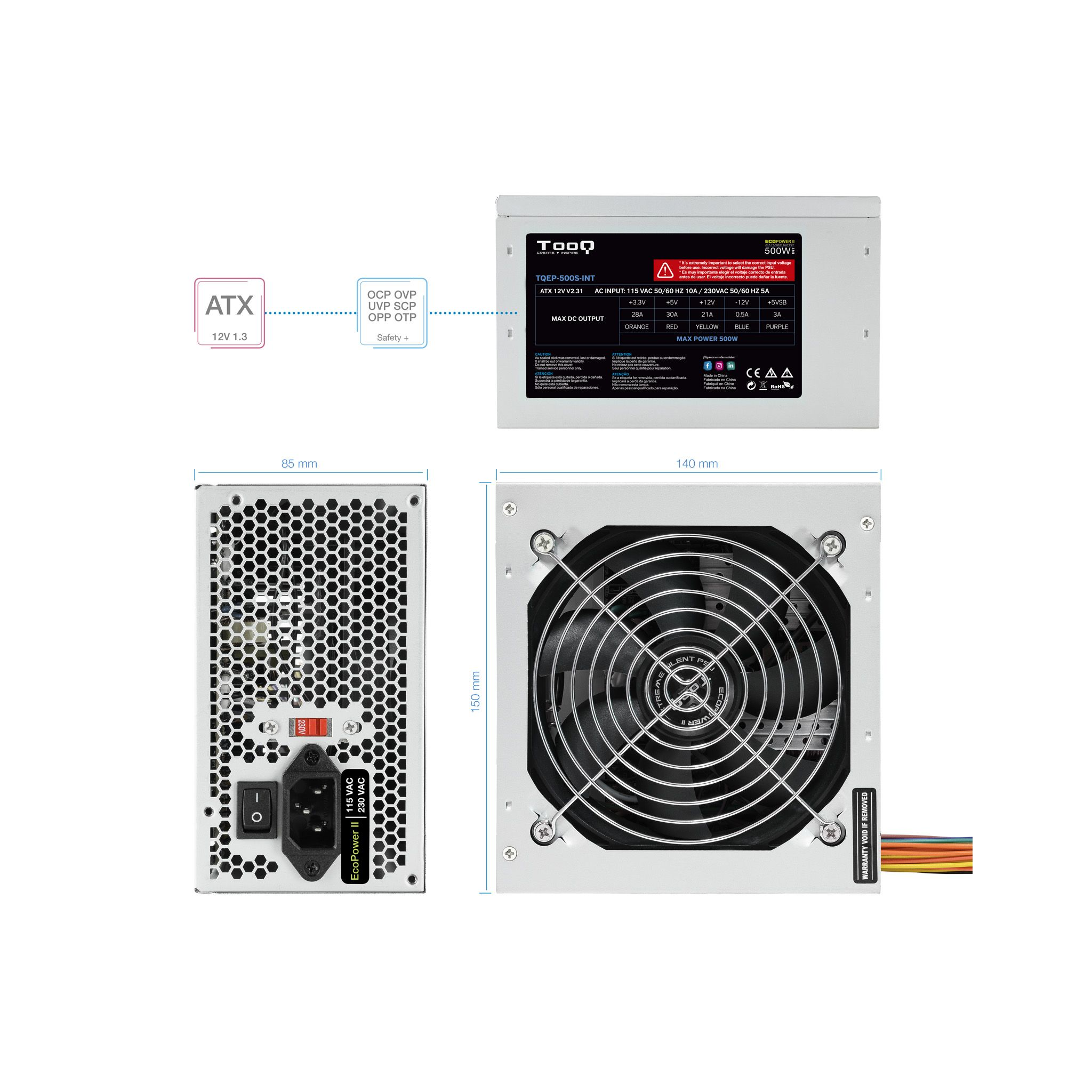 Zasilacz, z widocznymi plecami, górą i bokiem. Pokazano szczegóły połączeń.