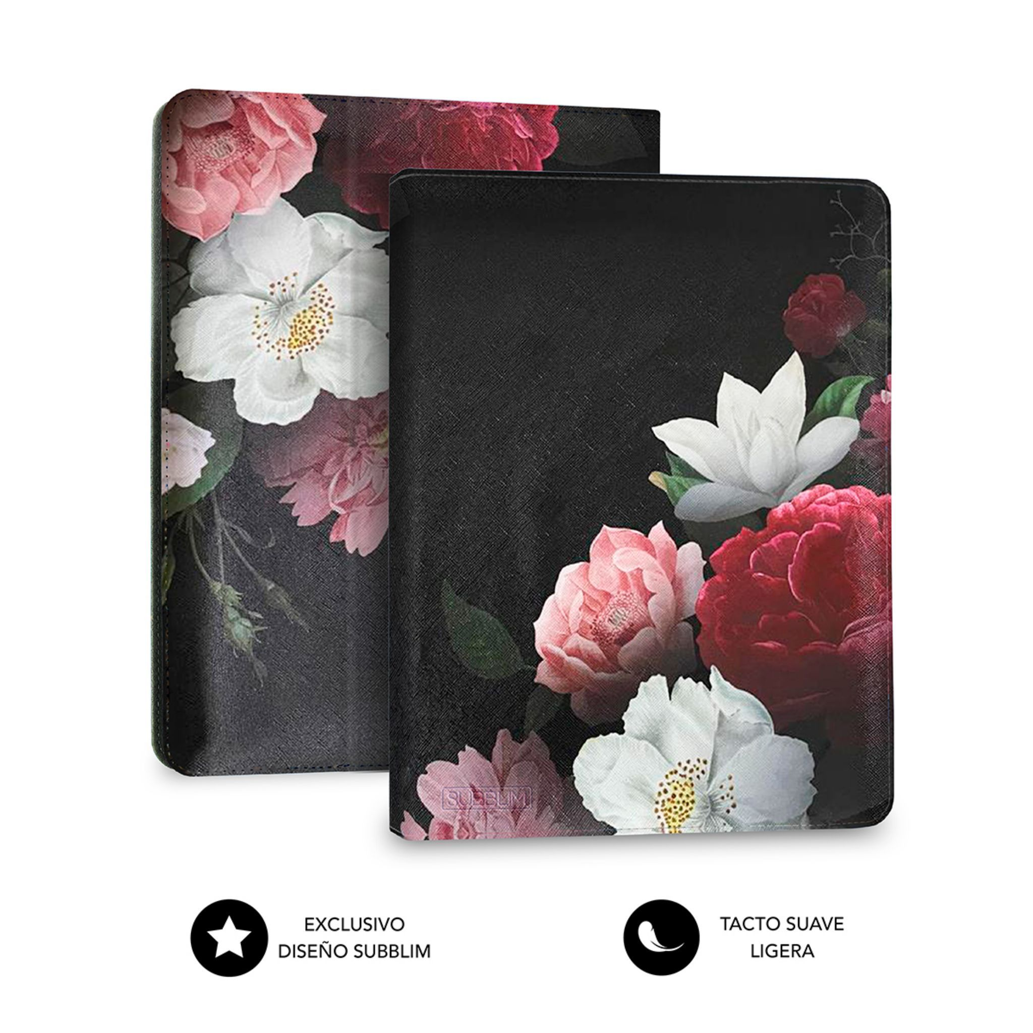 Dos cubiertas negras con diseños florales. Una cubierta está ligeramente abierta.