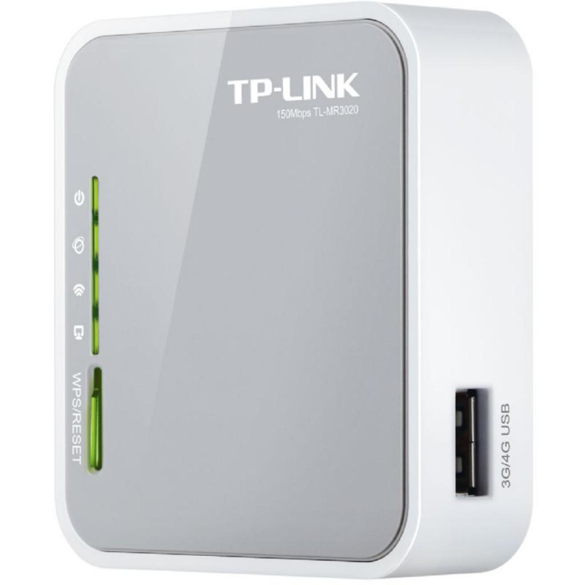 Router TP-Link blanco y gris con luces indicadoras y un puerto USB.