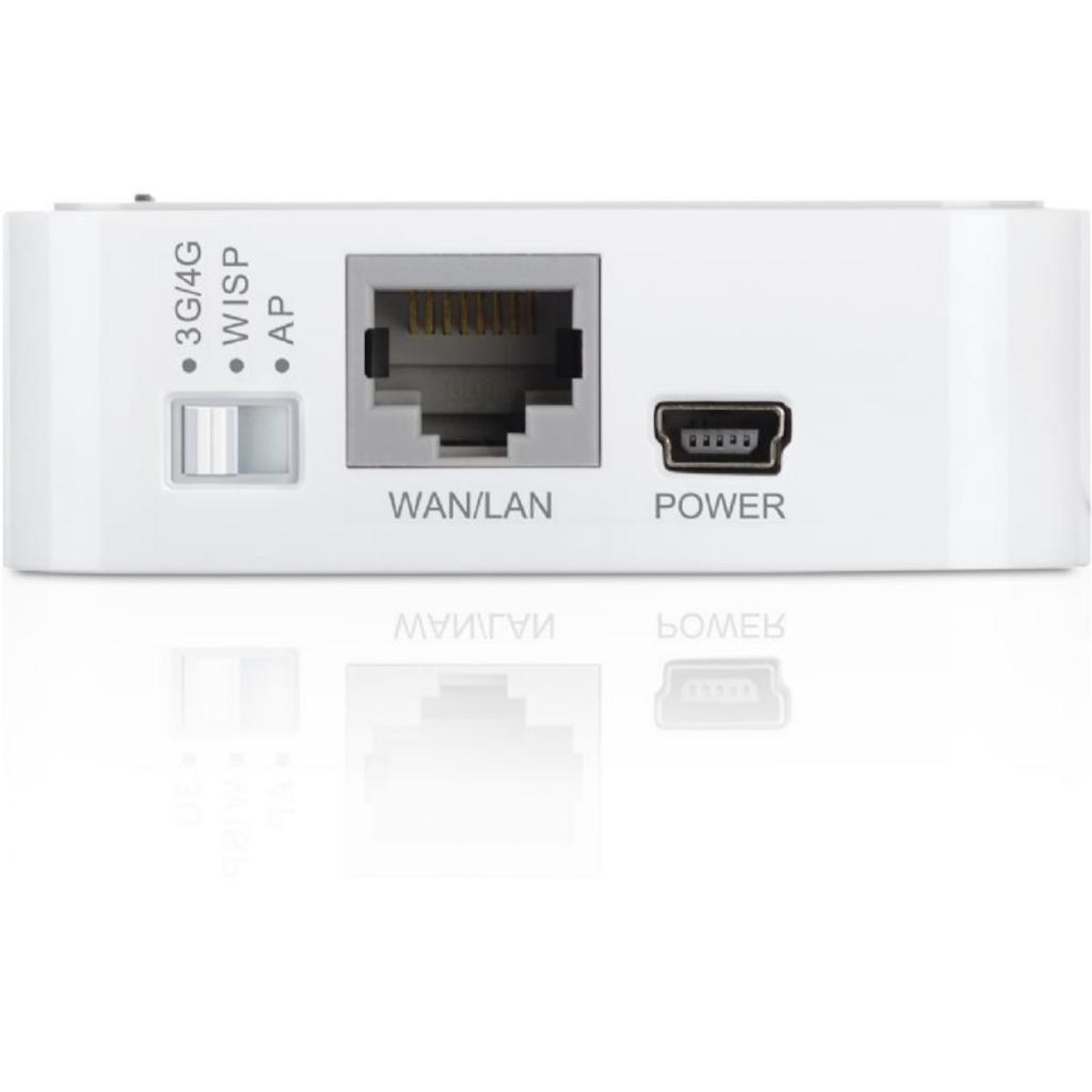 Dispositivo blanco con 3G/4G, WISP, AP, puertos WAN/LAN y de alimentación.