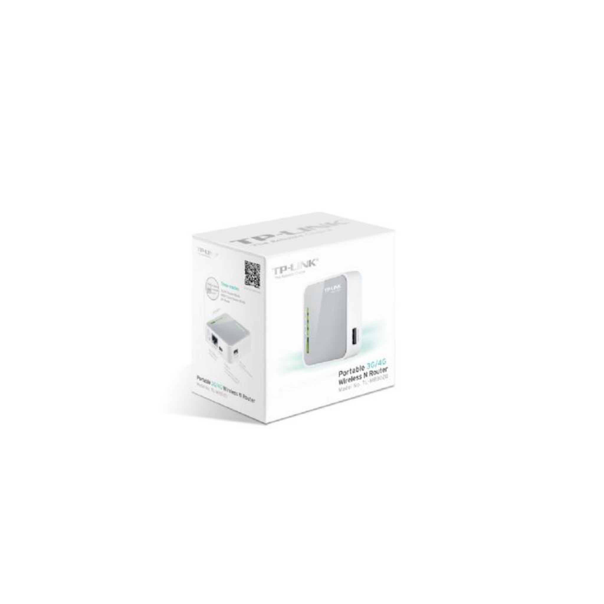 Caja de enrutador TP-Link blanca. Una imagen más pequeña del enrutador está en el frente. El texto está en la caja.