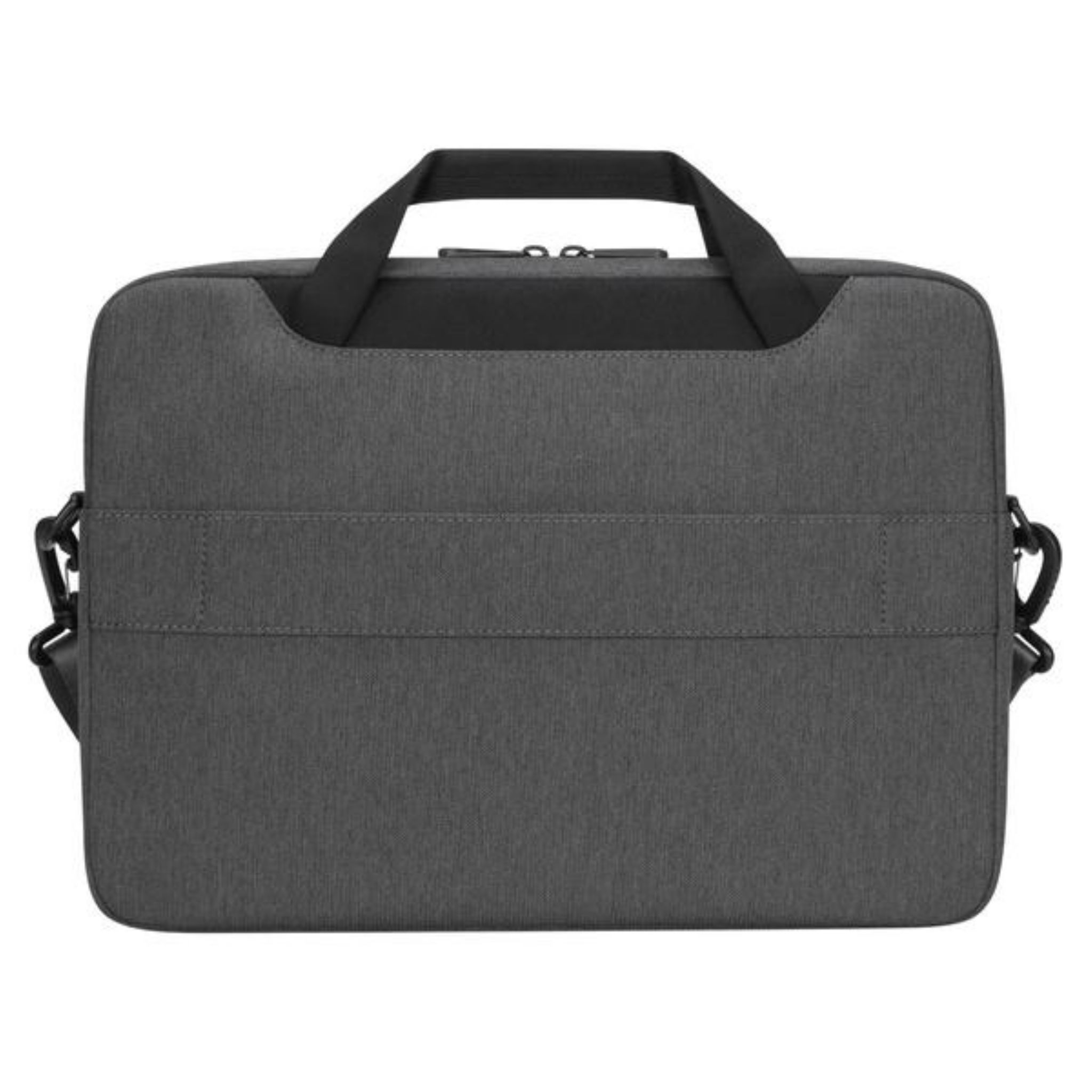 Eine graue Laptoptasche mit schwarzem Griff und Schultergurt. Die Tasche ist geschlossen.