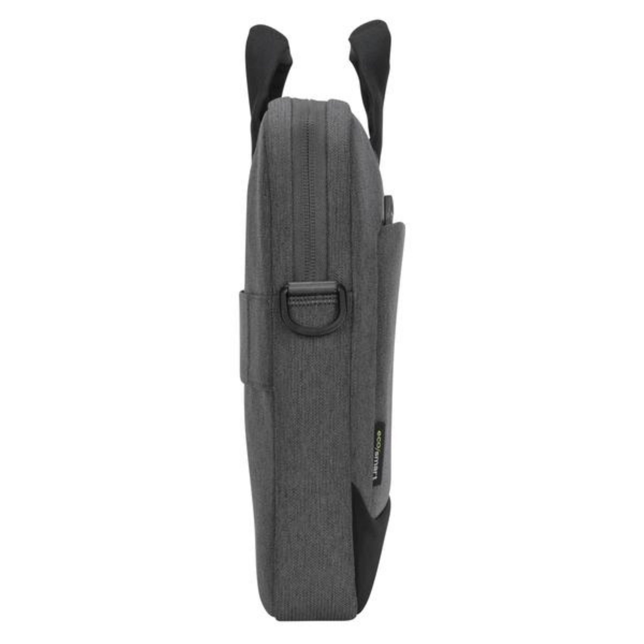 Graue Laptoptasche mit Griff, Seitentasche und Reißverschluss. Schwarze Akzente.