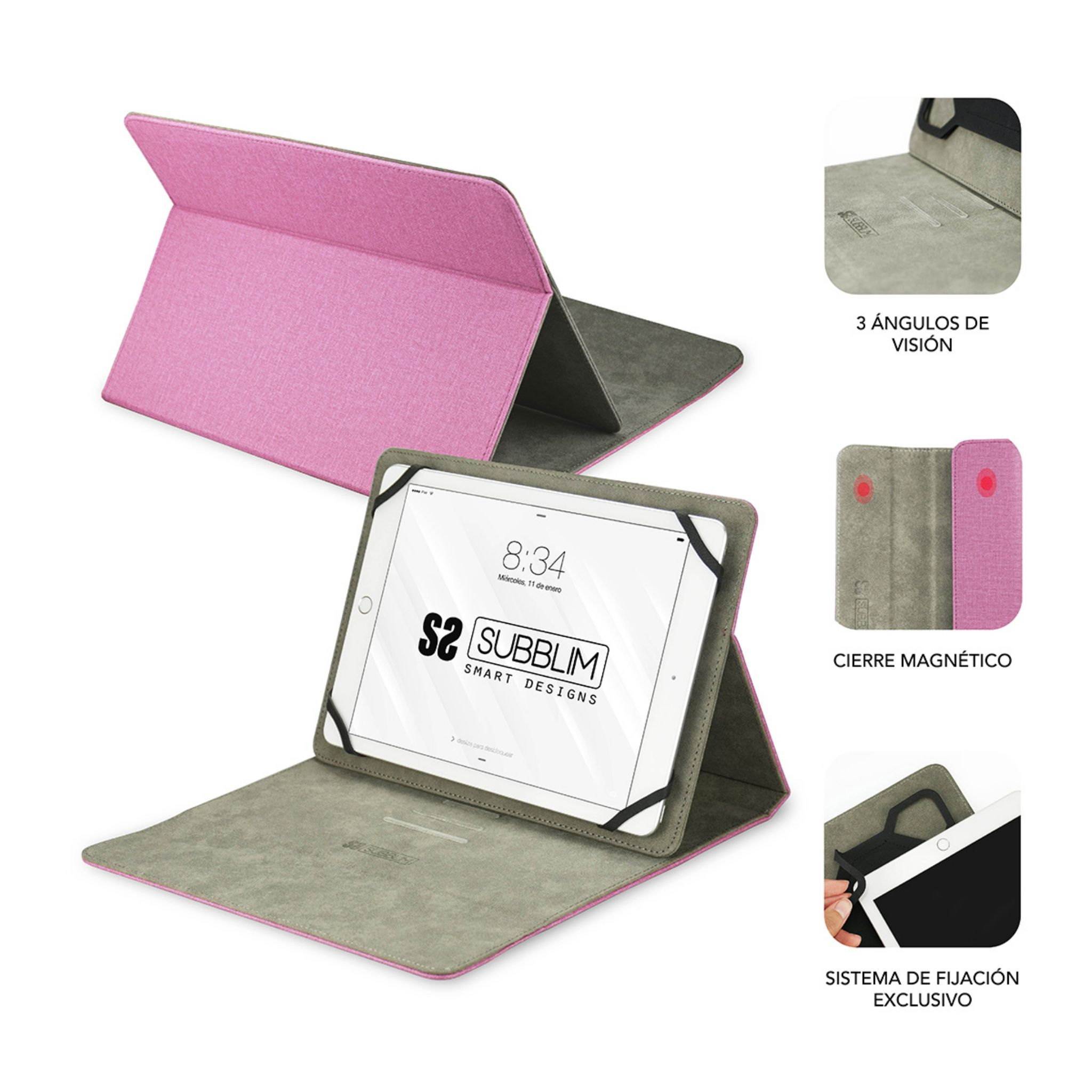 Funda para tablet rosa y gris, con tablet dentro. Múltiples vistas muestran diferentes ángulos y cierre magnético.