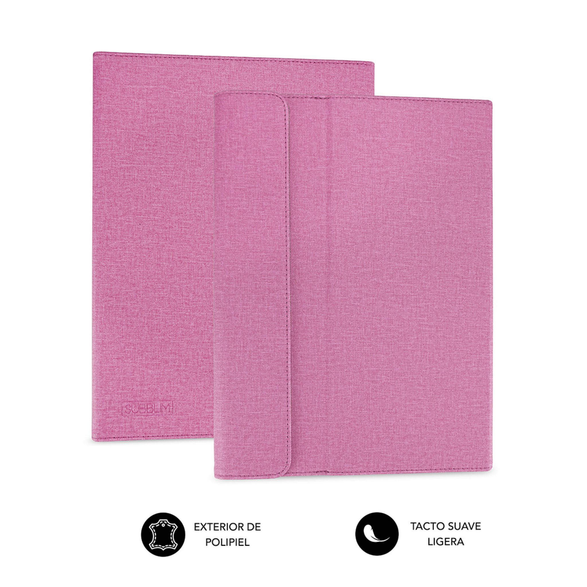 Funda rosa para tableta, con una cubierta. Tiene una textura suave y la marca Subblim.