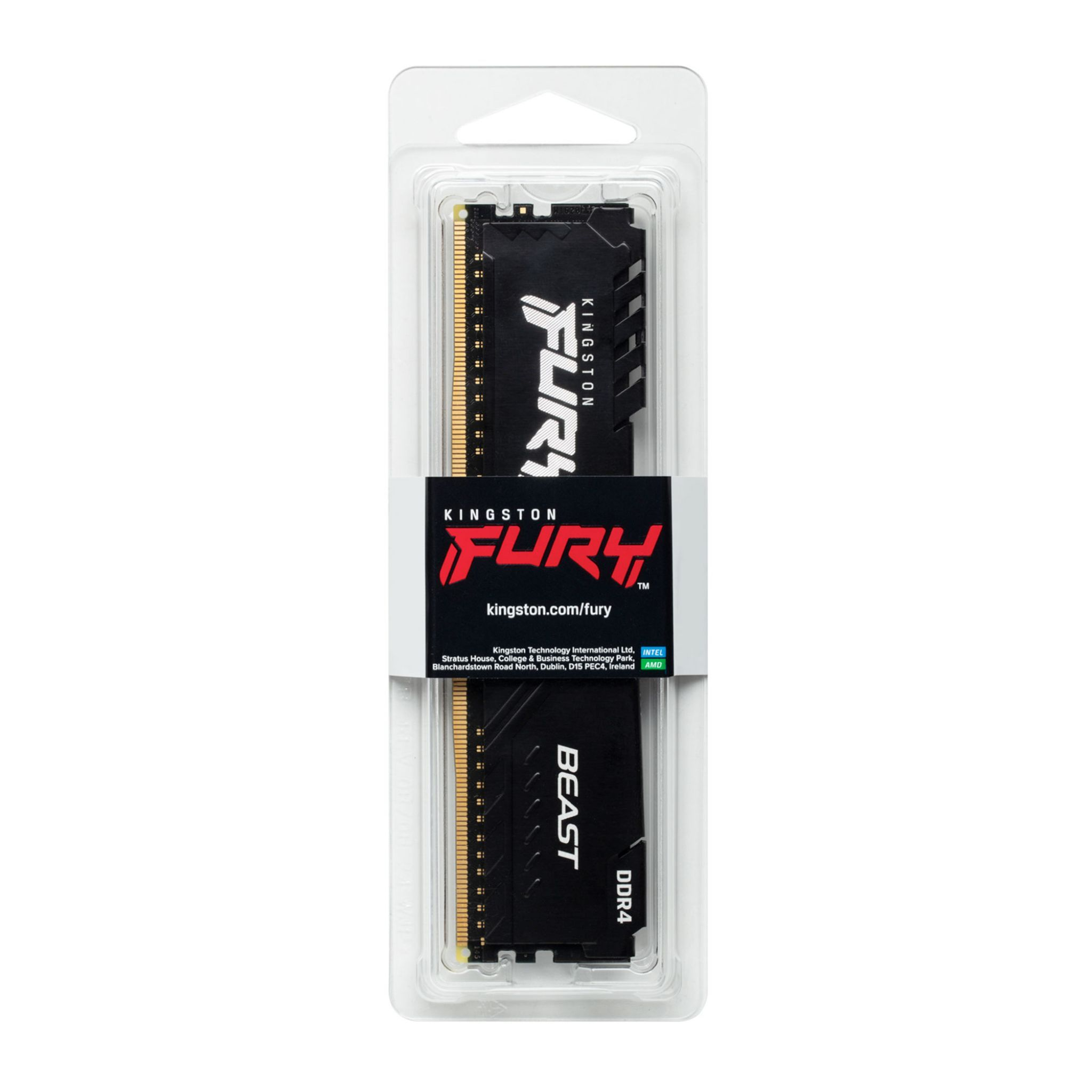 Un módulo RAM DDR4 Kingston Fury Beast negro en un paquete de plástico transparente, con la marca Kingston Fury.