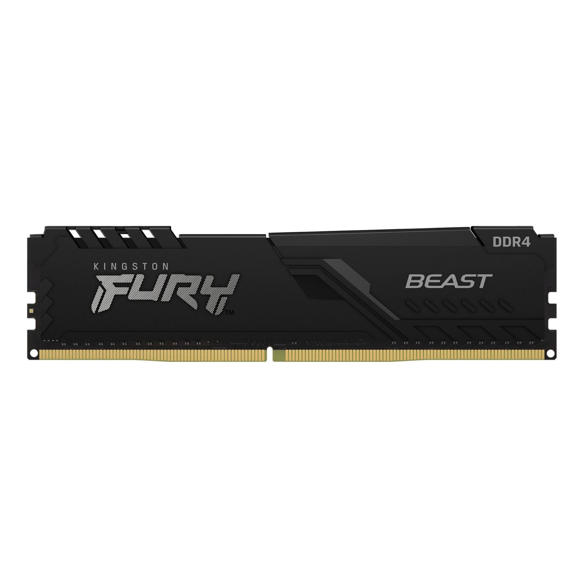Módulo de RAM DDR4 Kingston FURY BEAST negro. Tiene conectores dorados y los logotipos de Kingston y DDR4.