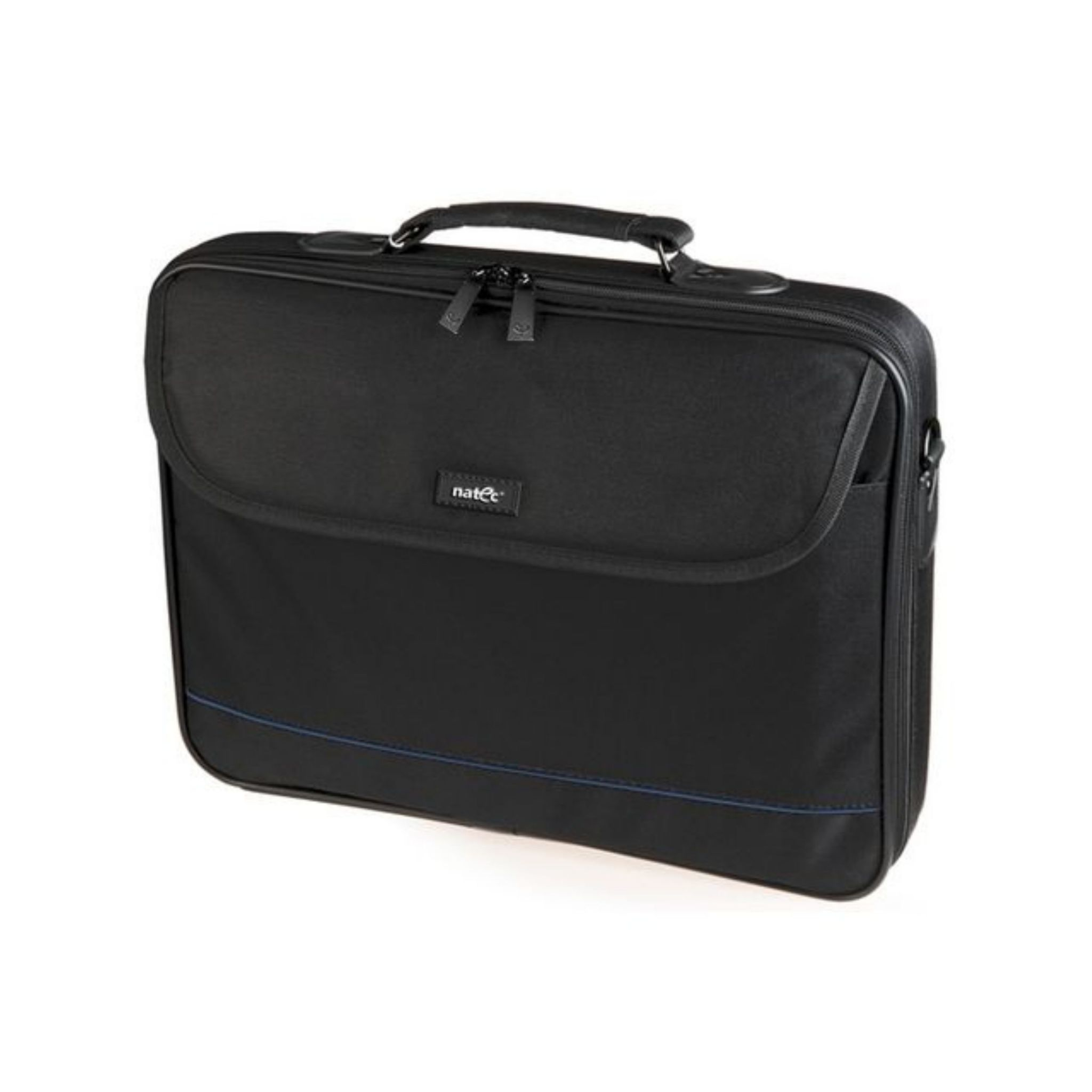 Borsa per laptop nera. Maniglia in alto. Sfondo bianco.