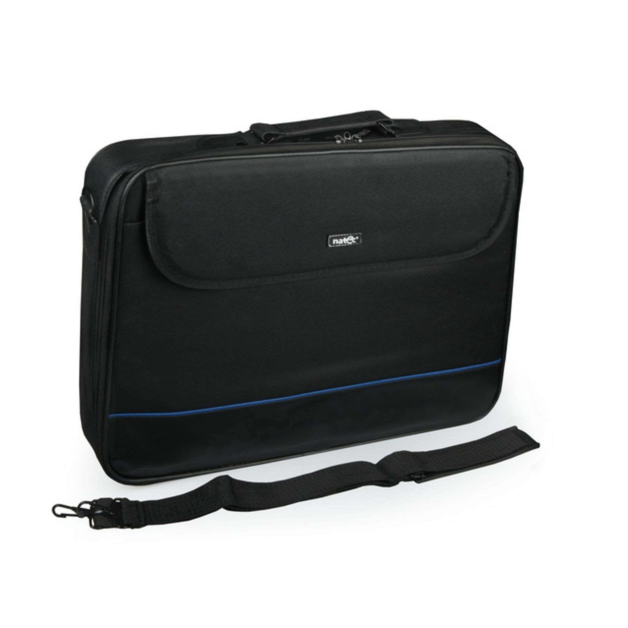Borsa per laptop nera con manico e tracolla. Ha una tasca frontale e una linea blu.