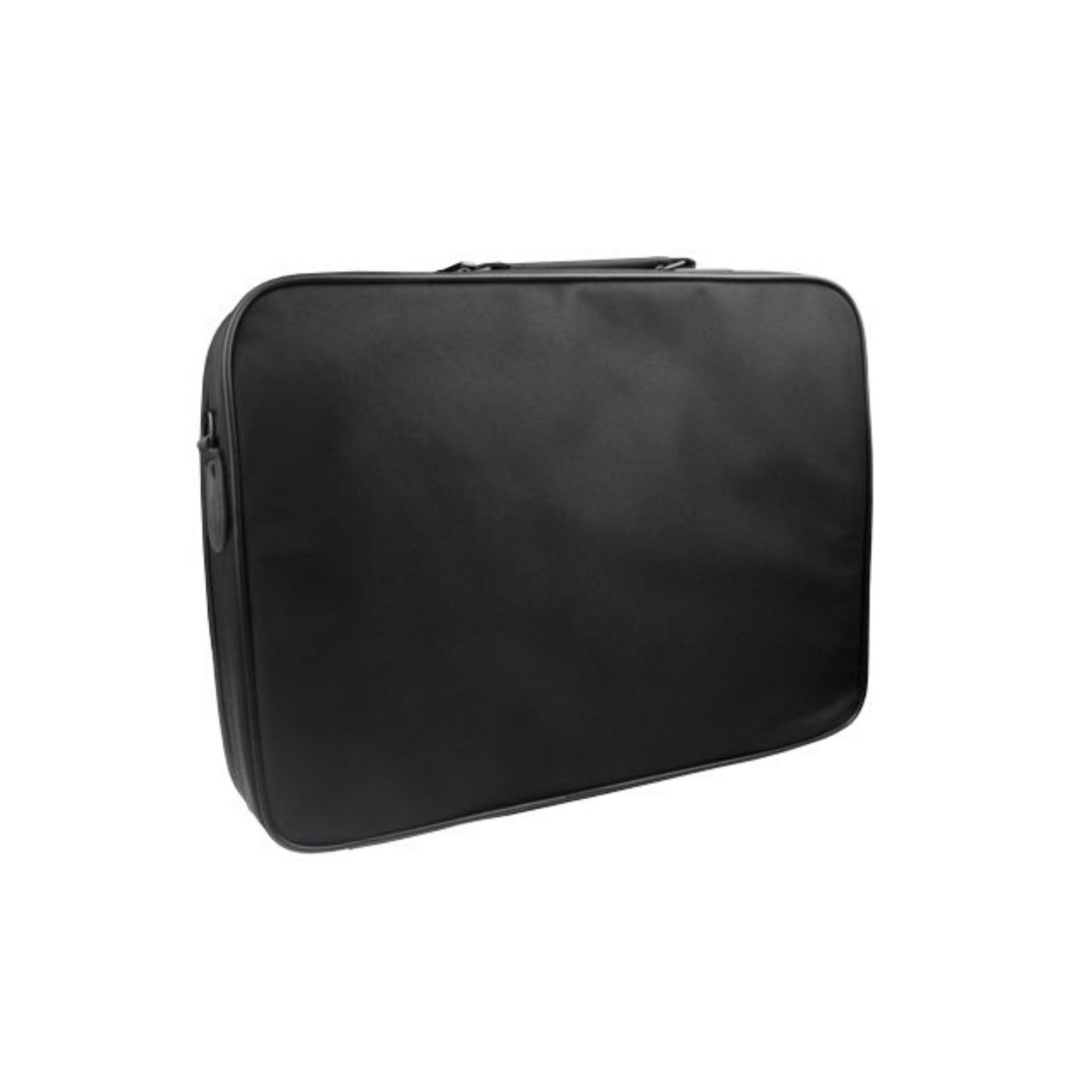 Una borsa per laptop nera. Ha una maniglia ed è rettangolare. Sfondo bianco.