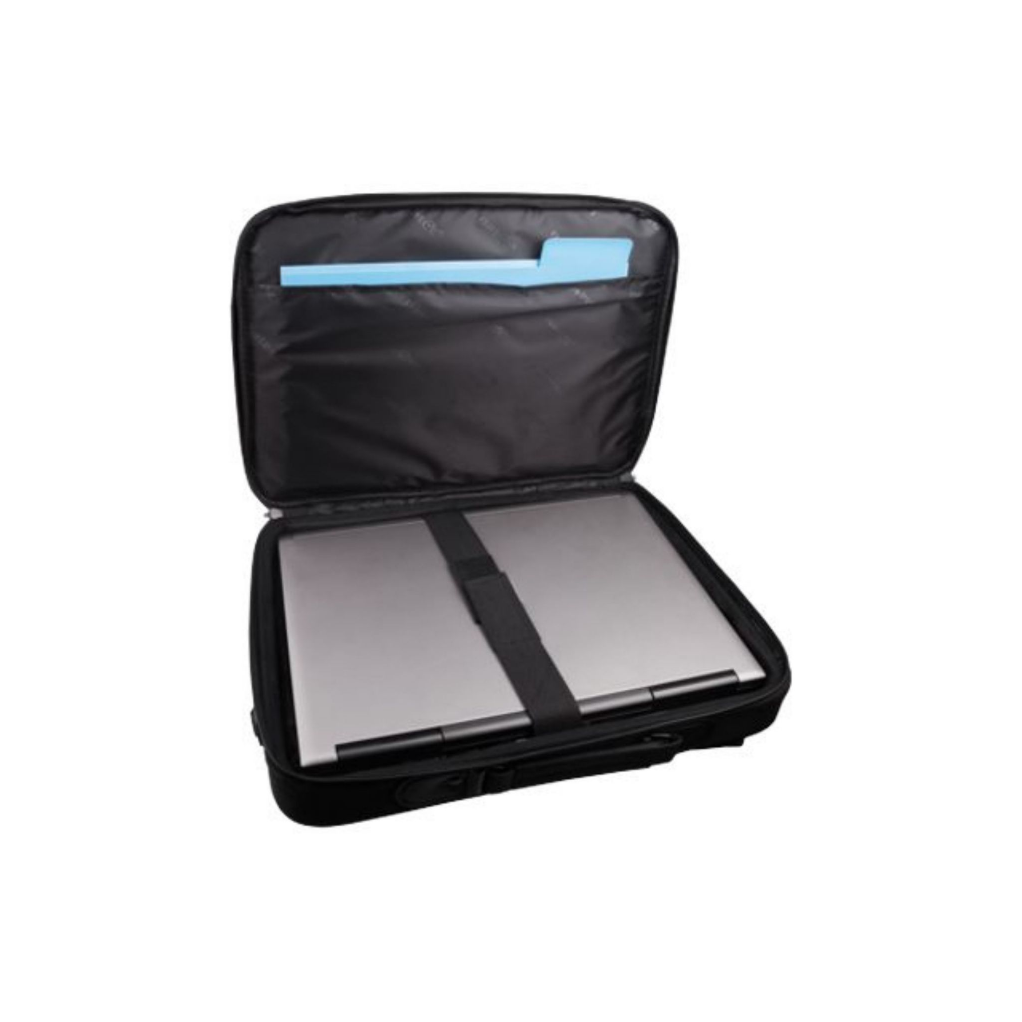 Borsa per laptop nera aperta, con laptop e cartella blu.