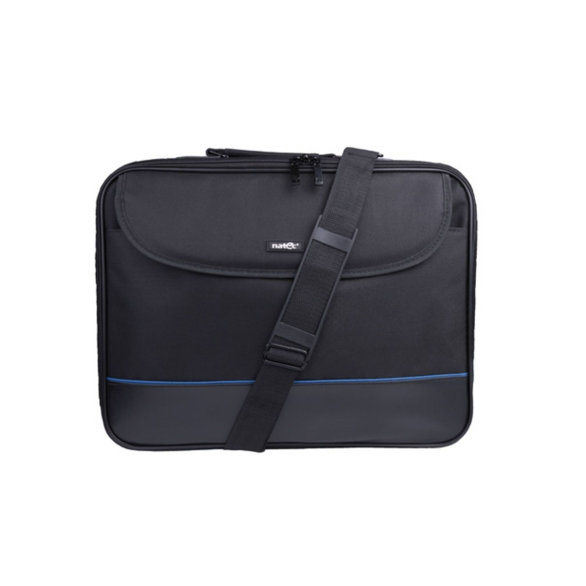 Borsa per laptop nera con striscia blu e tracolla.