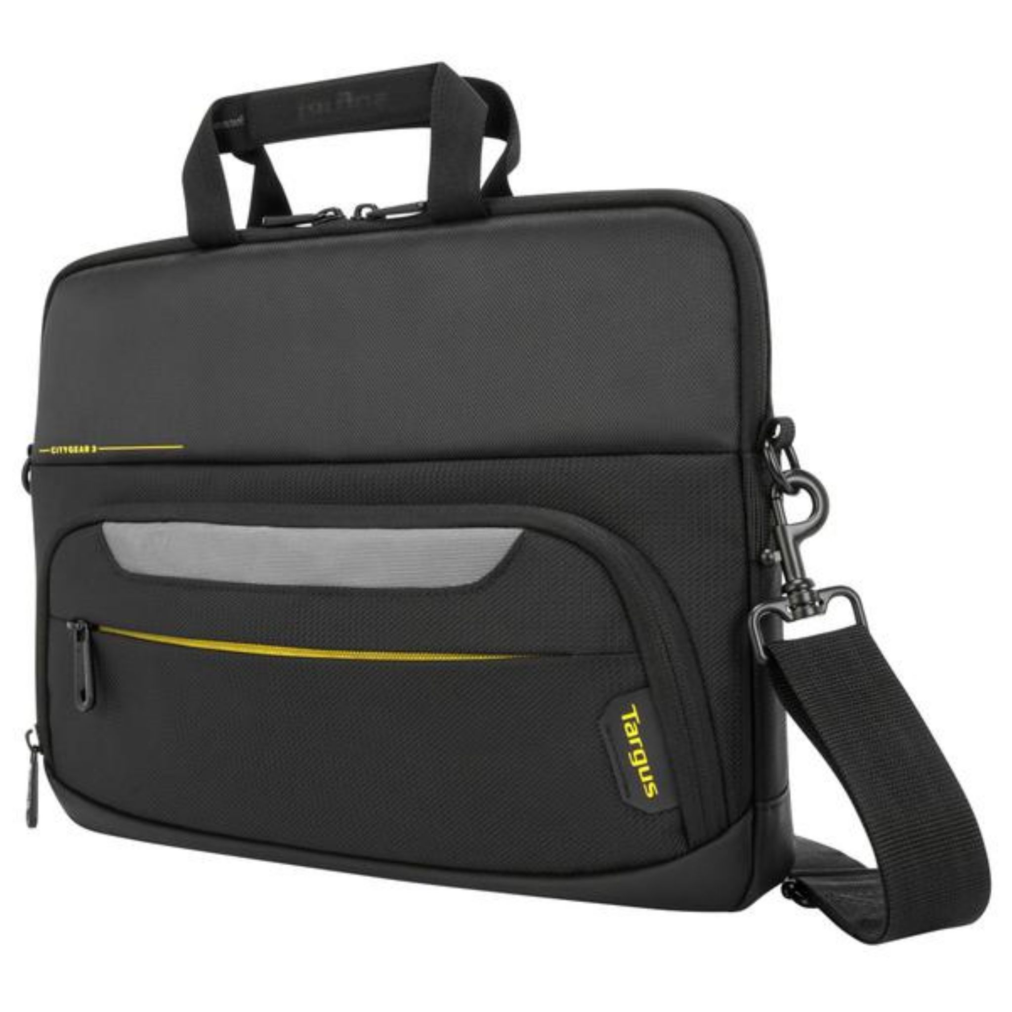 Borsa per laptop nera con dettagli gialli e tracolla. Con logo Targus.