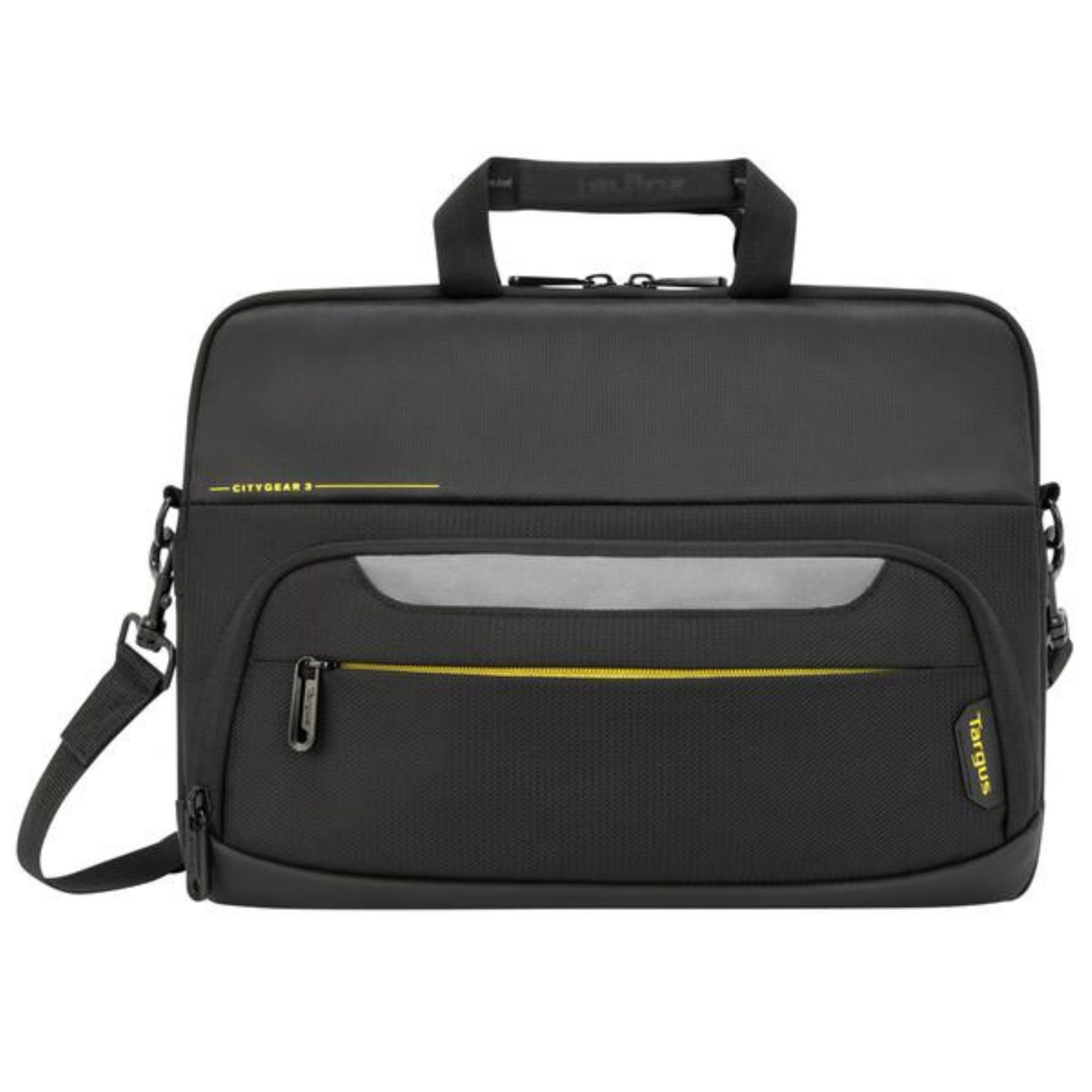 Borsa per laptop Targus nera con dettagli gialli e tracolla. Ha una tasca frontale.