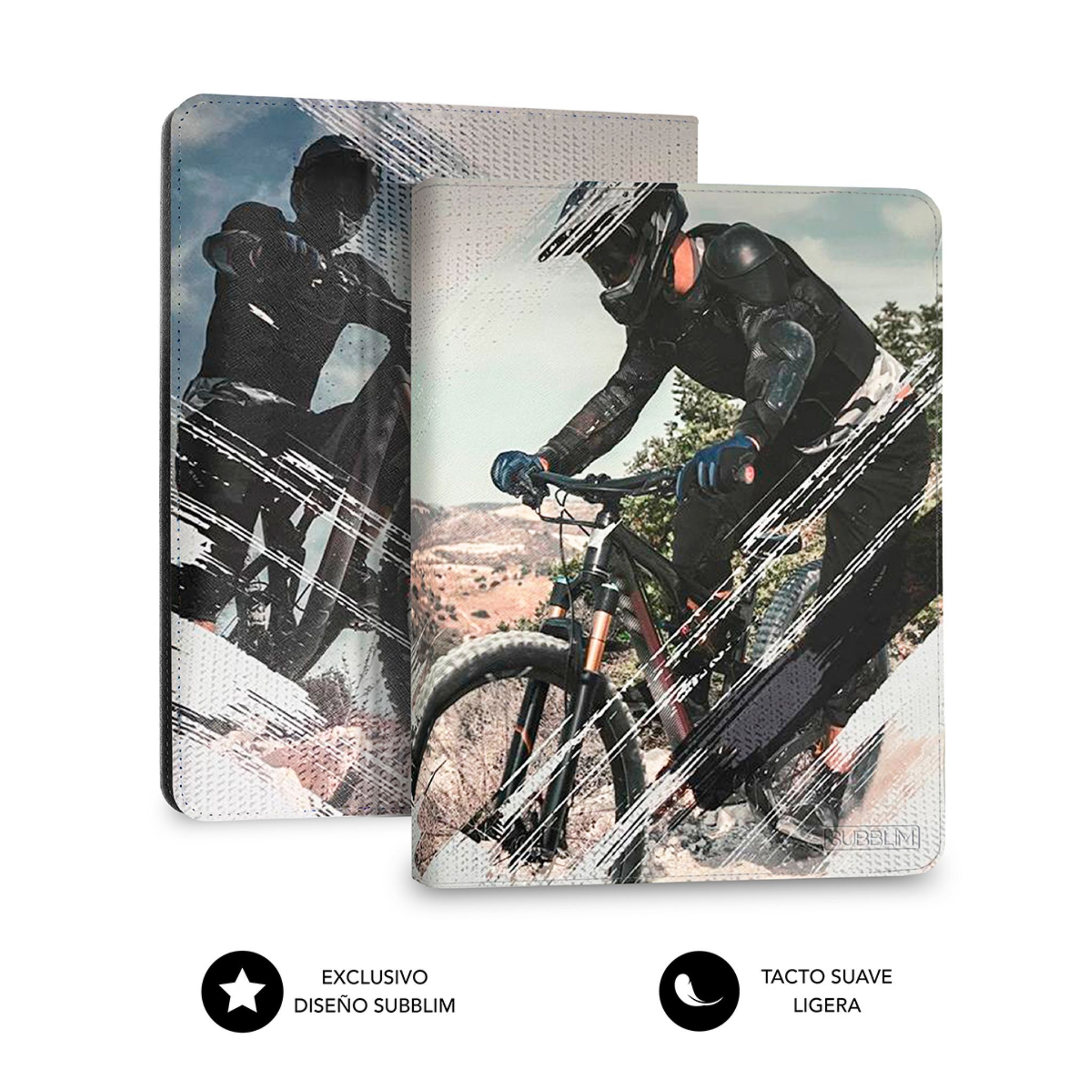 Dos fundas de moto. Una con biker en moto, otra primer plano de una moto.