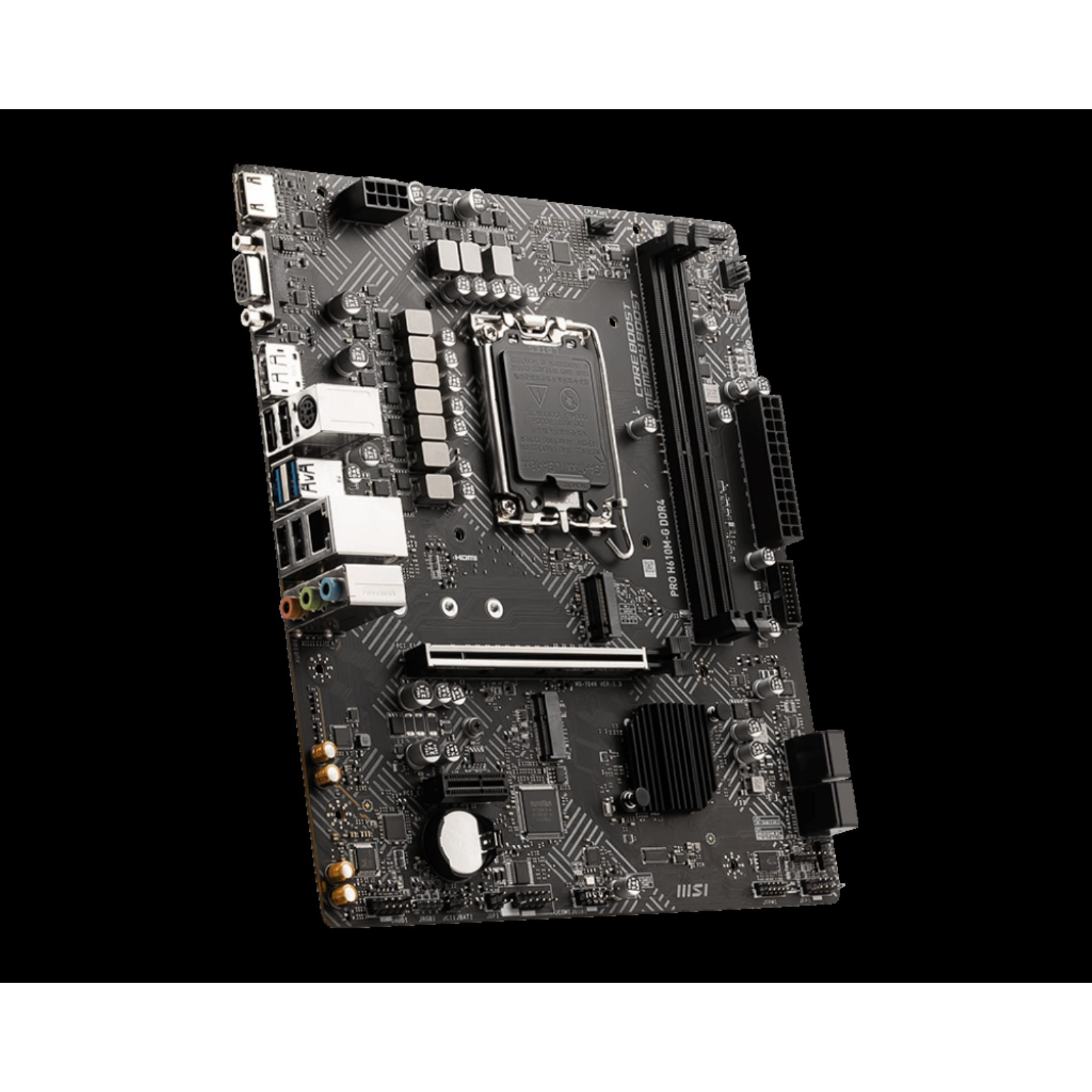 Ein schwarzes Computer-Motherboard mit verschiedenen Komponenten auf schwarzem Hintergrund.