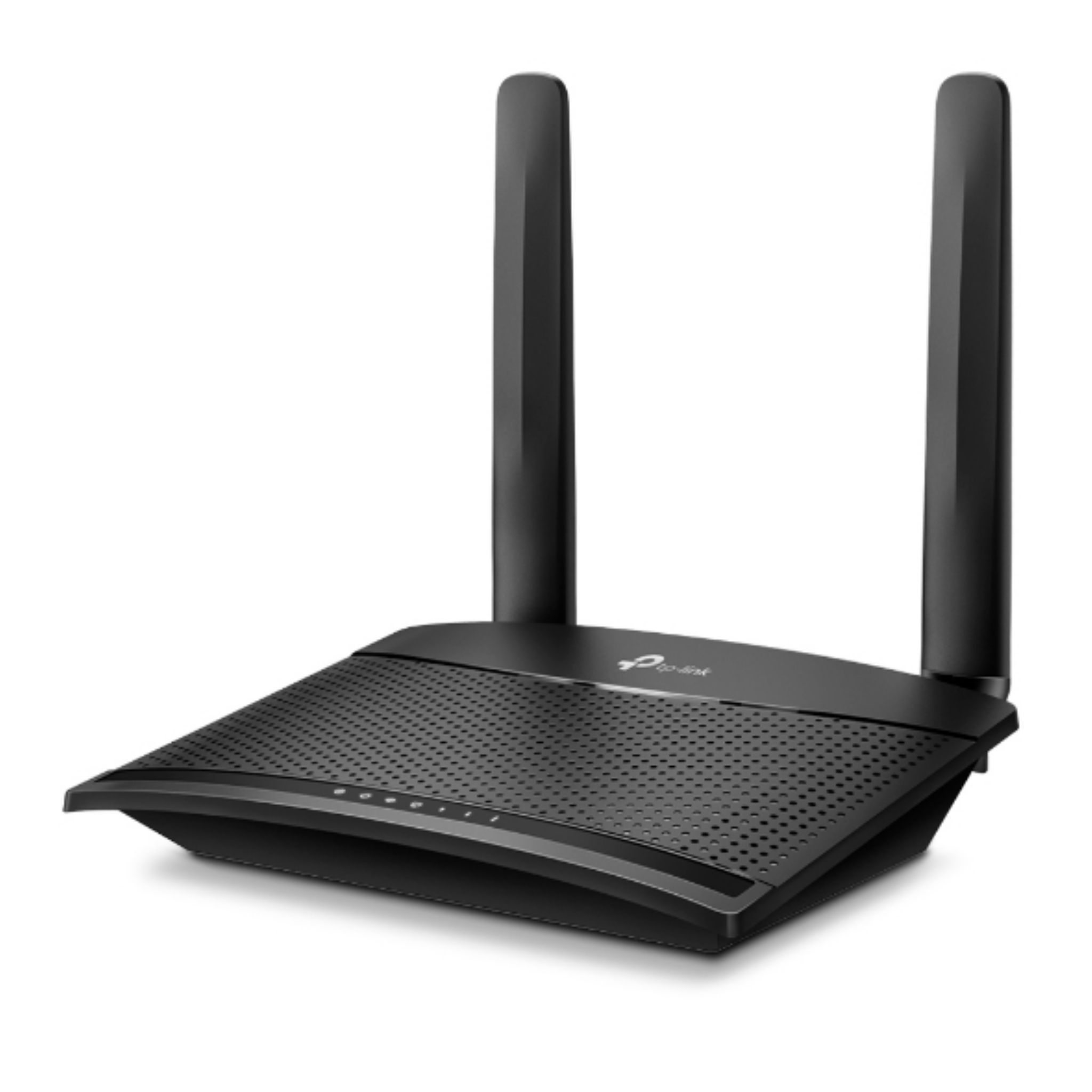 Czarny router TP-Link z dwiema antenami. Białe tło.