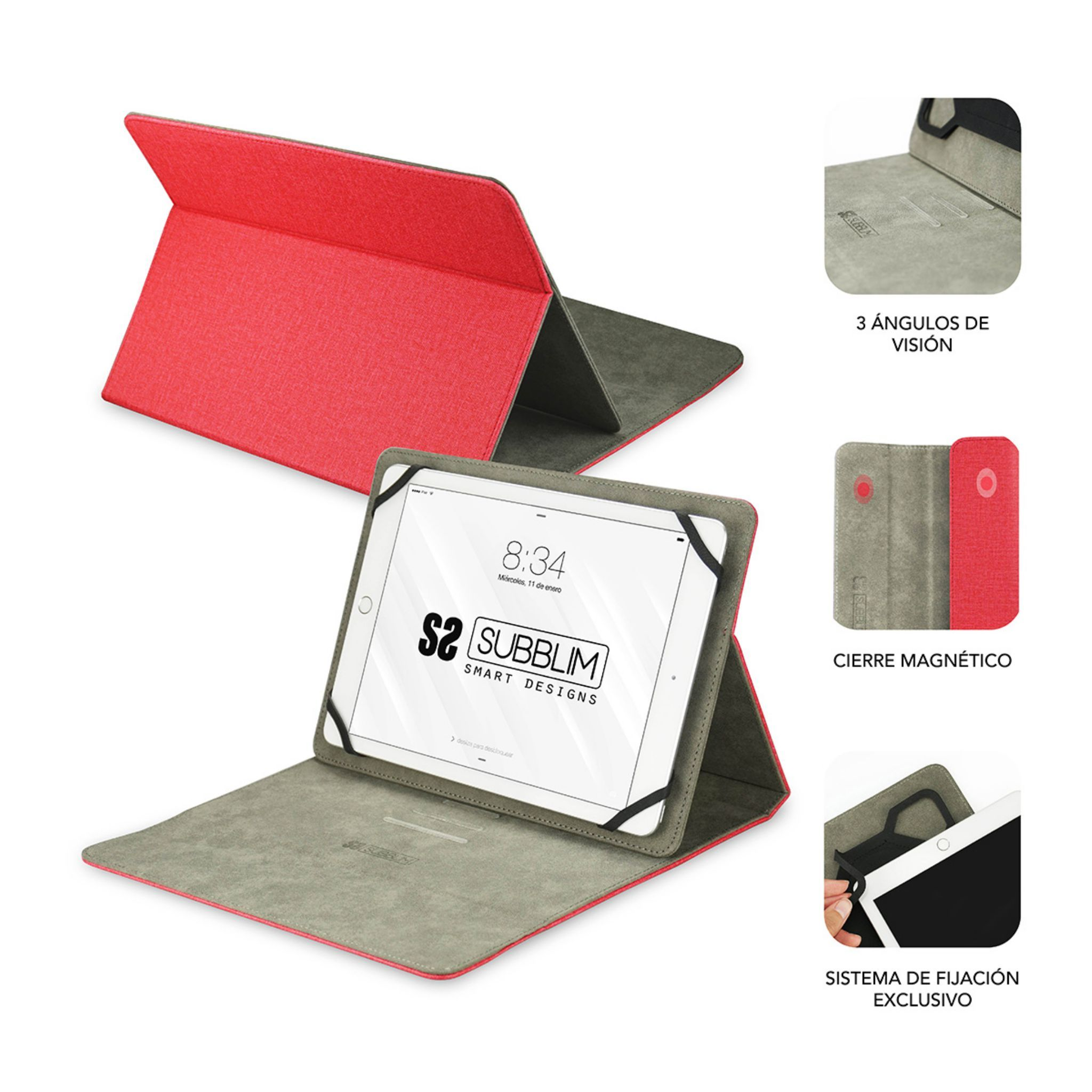 Funda de tableta roja y gris. Tableta en funda, tres ángulos de visión, cierre magnético.