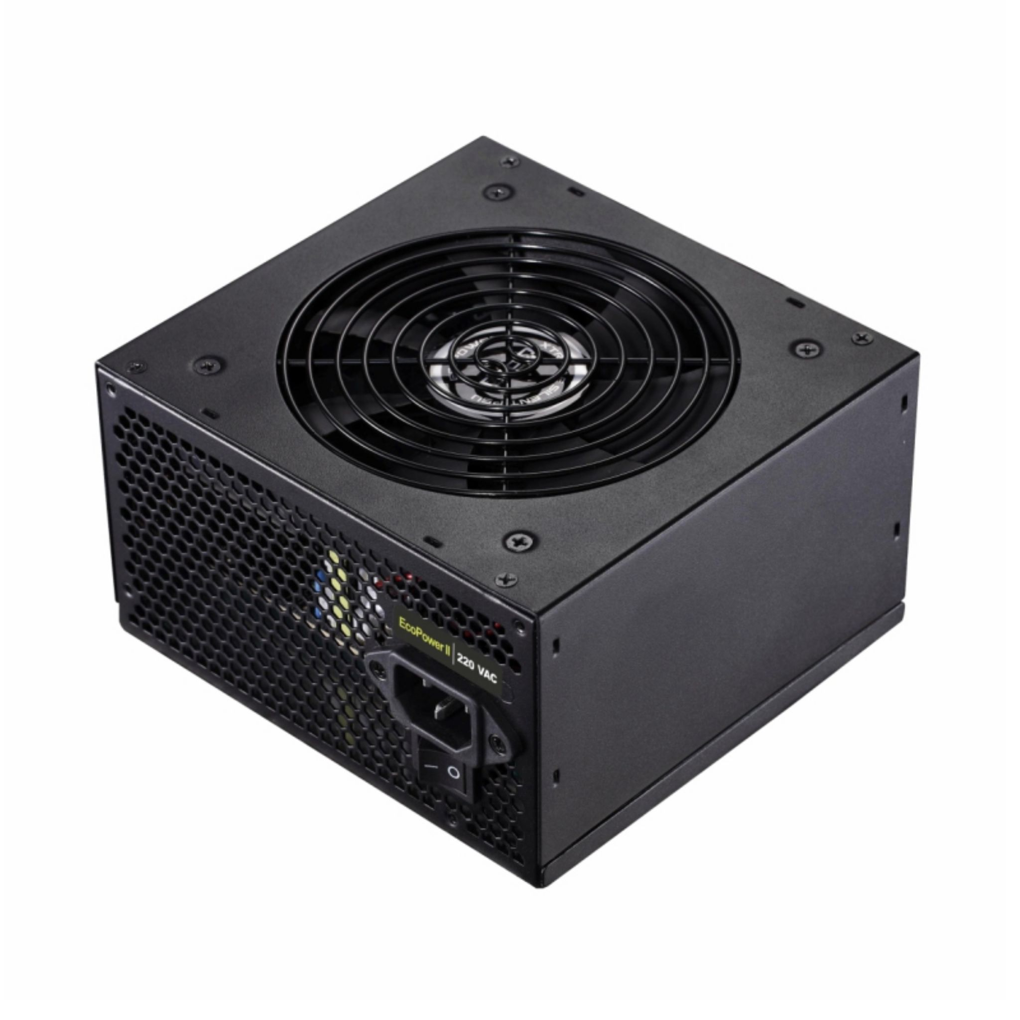 Zwarte computer voedingseenheid met een ventilator en stroomingang. De achtergrond is wit.