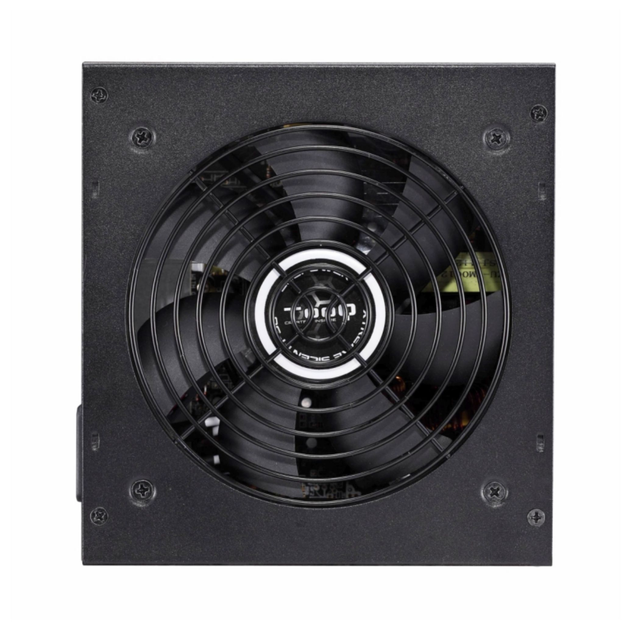 Een zwarte voedingseenheid met een ventilator en de merknaam zichtbaar, tegen een witte achtergrond.
