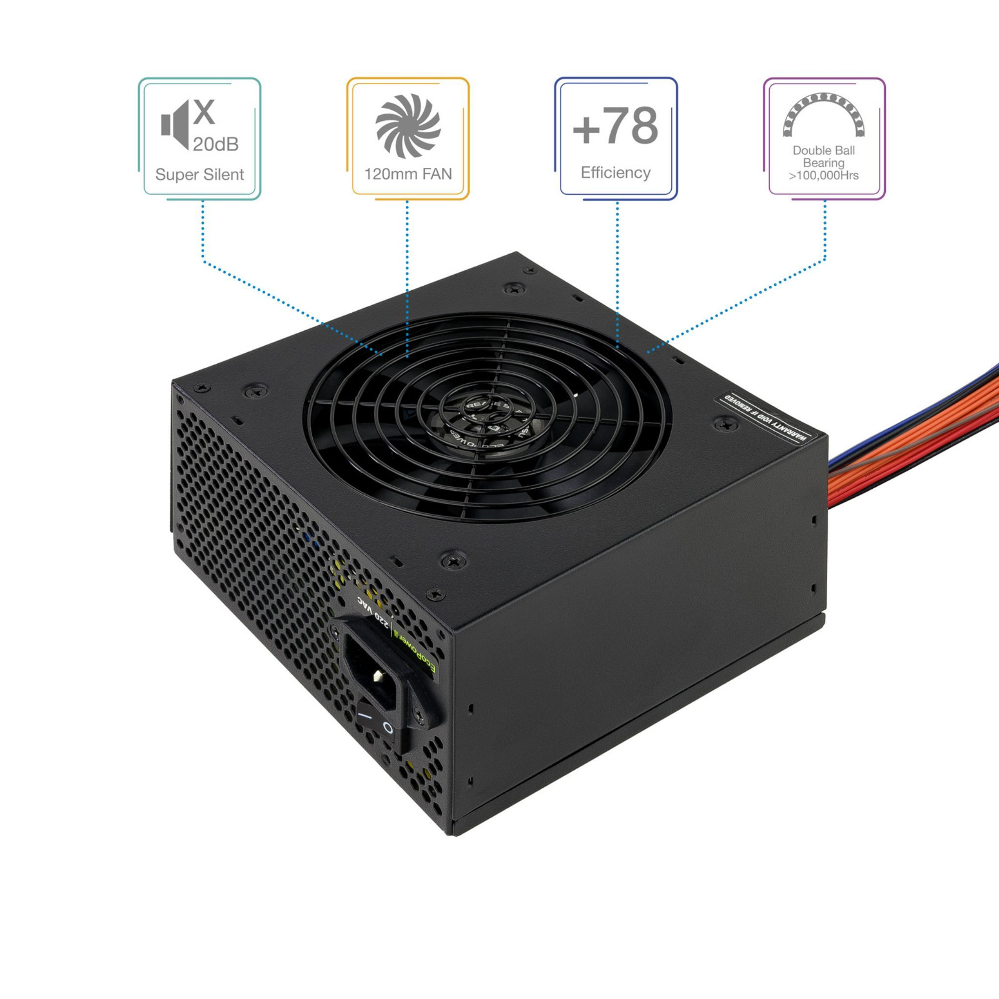Een zwarte voeding met labels en een ventilator. Het heeft meerdere connectoren en ligt op een wit oppervlak.
