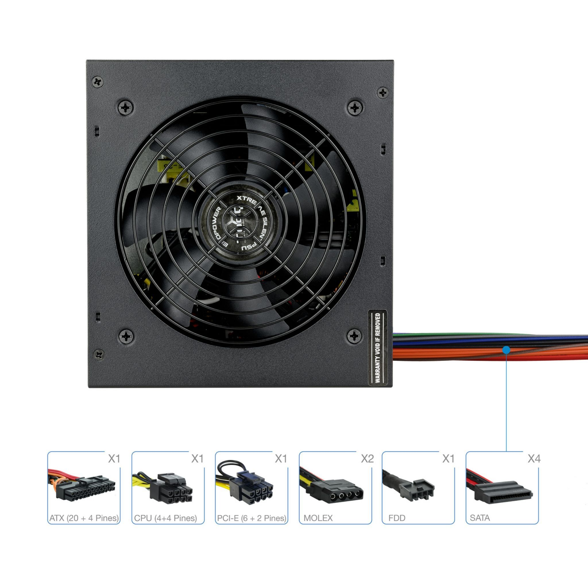 Zwarte voedingseenheid met een ventilator en diverse kabelaansluitingen. De eenheid is grotendeels zwart.