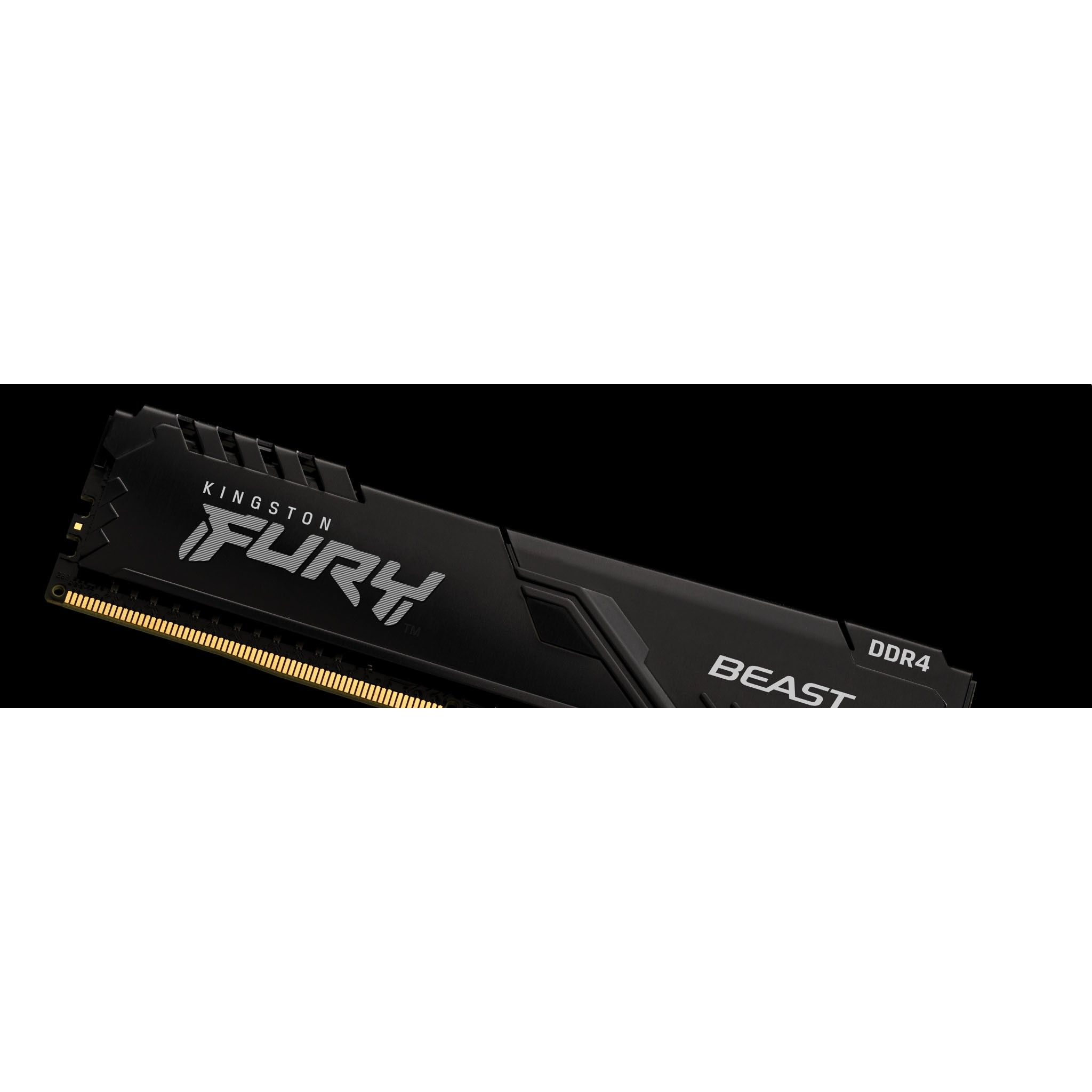 Czarny moduł RAM DDR4 Kingston Fury Beast. Widoczna nazwa marki. Tło jest czarne.