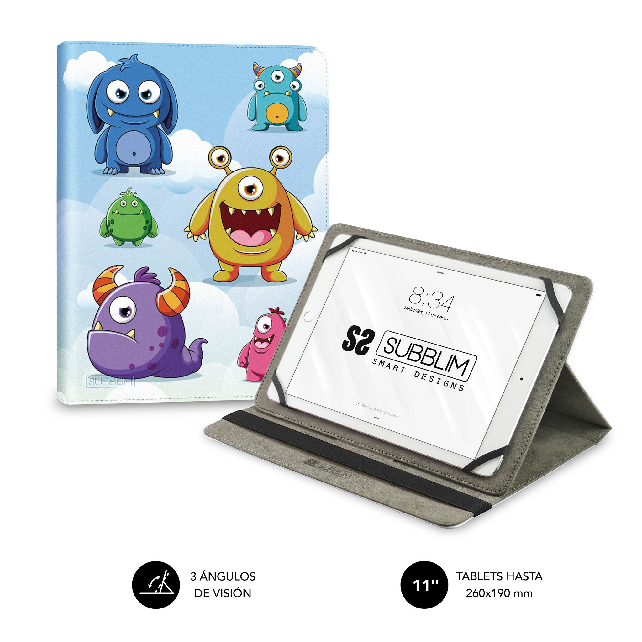 Funda para tableta con diseño de monstruos de dibujos animados y una tableta. Fondo blanco.