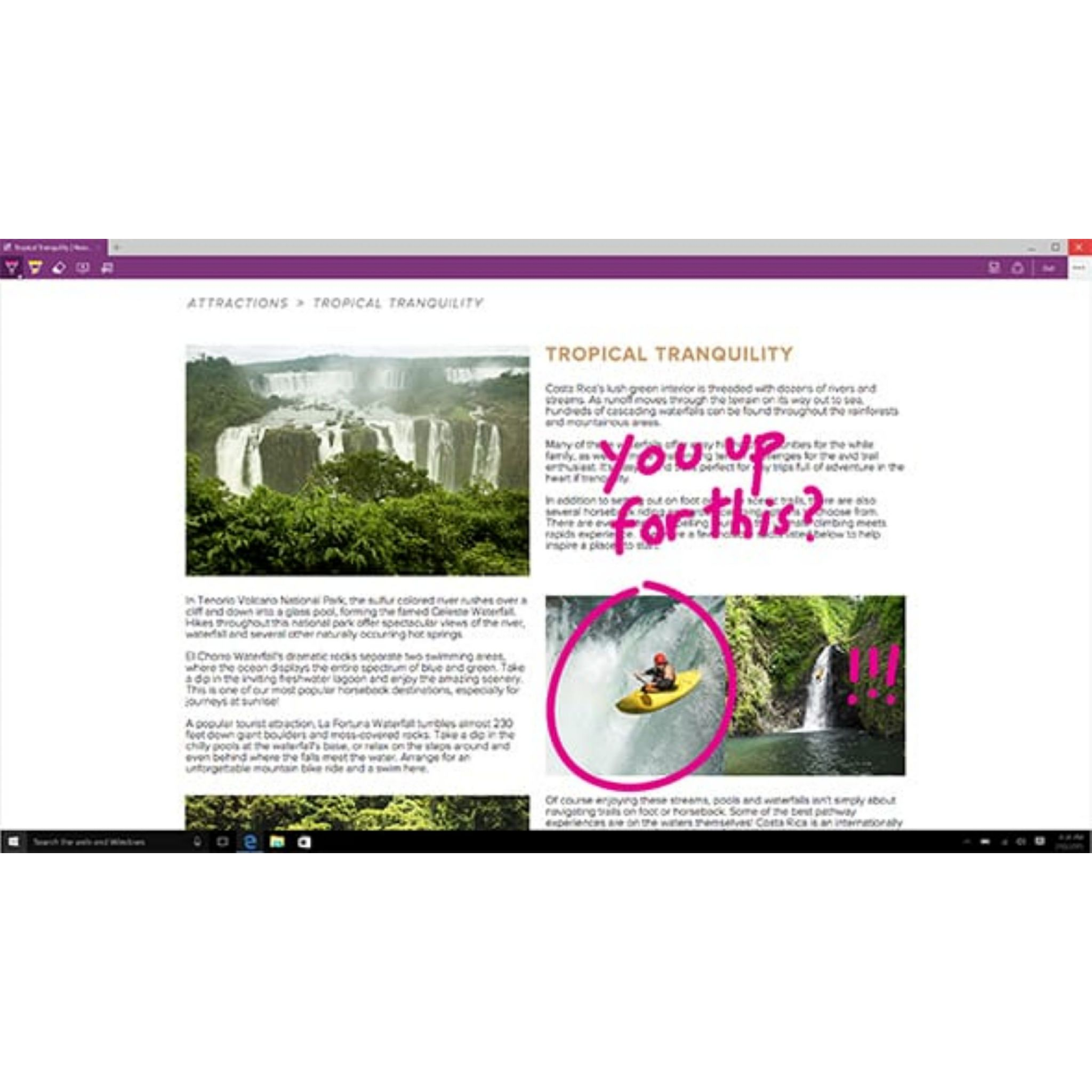 Strona internetowa przedstawia scenę wodospadu z adnotacjami na czerwono i osobą w żółtym kajaku.