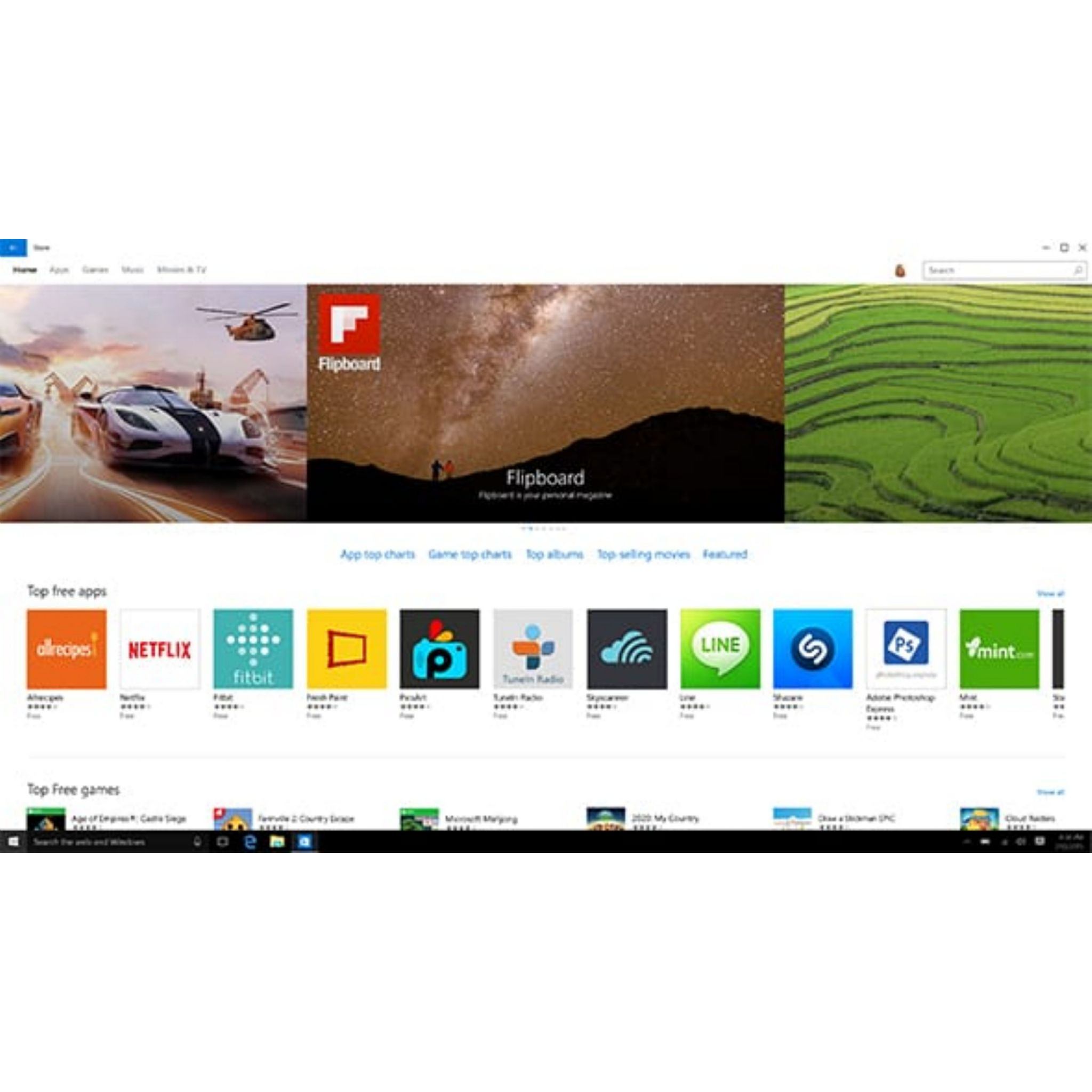 Wyświetlany jest interfejs sklepu z aplikacjami Windows, wyświetlający różne ikony aplikacji i polecaną zawartość.