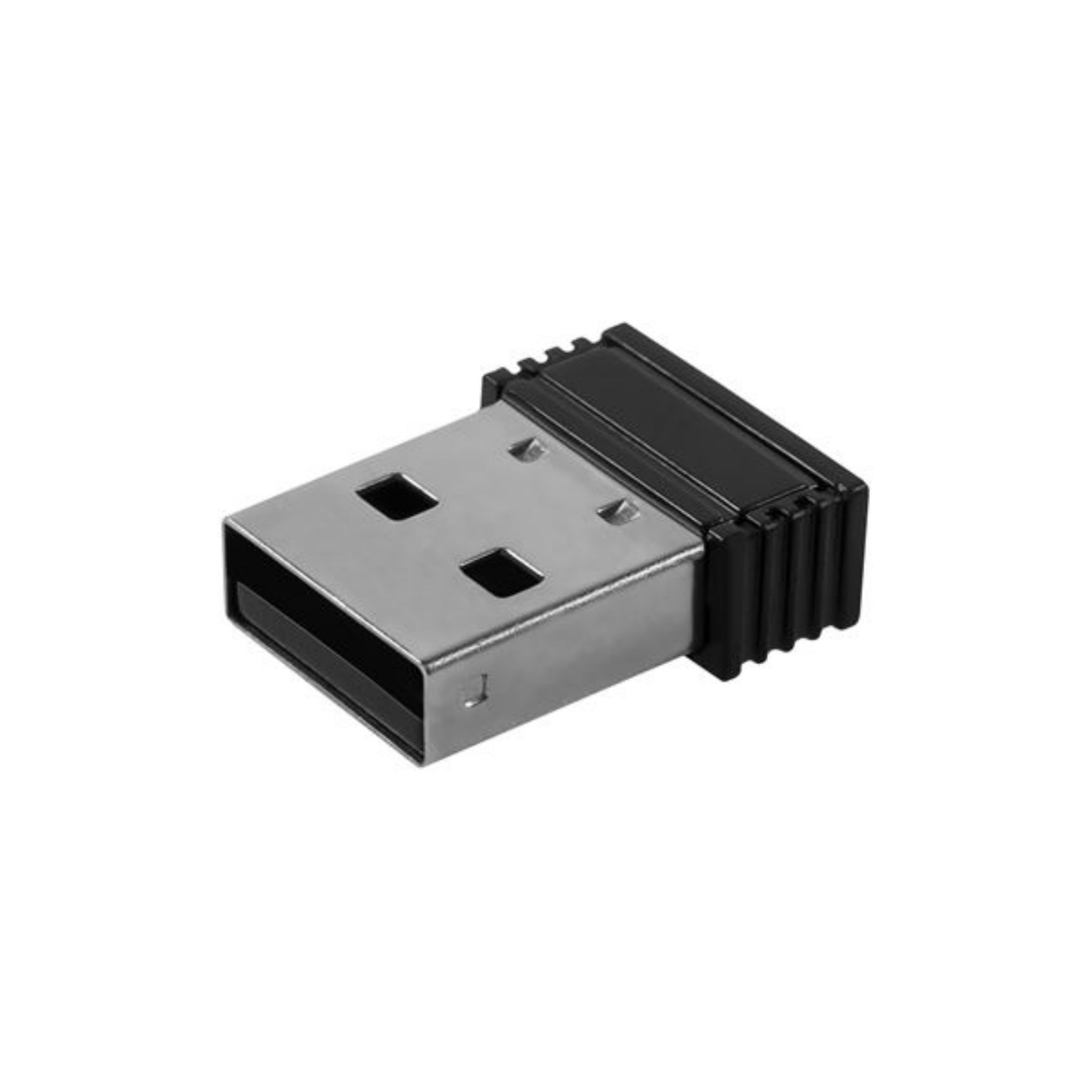 Unità USB argentata con un'estremità nera, su sfondo bianco.