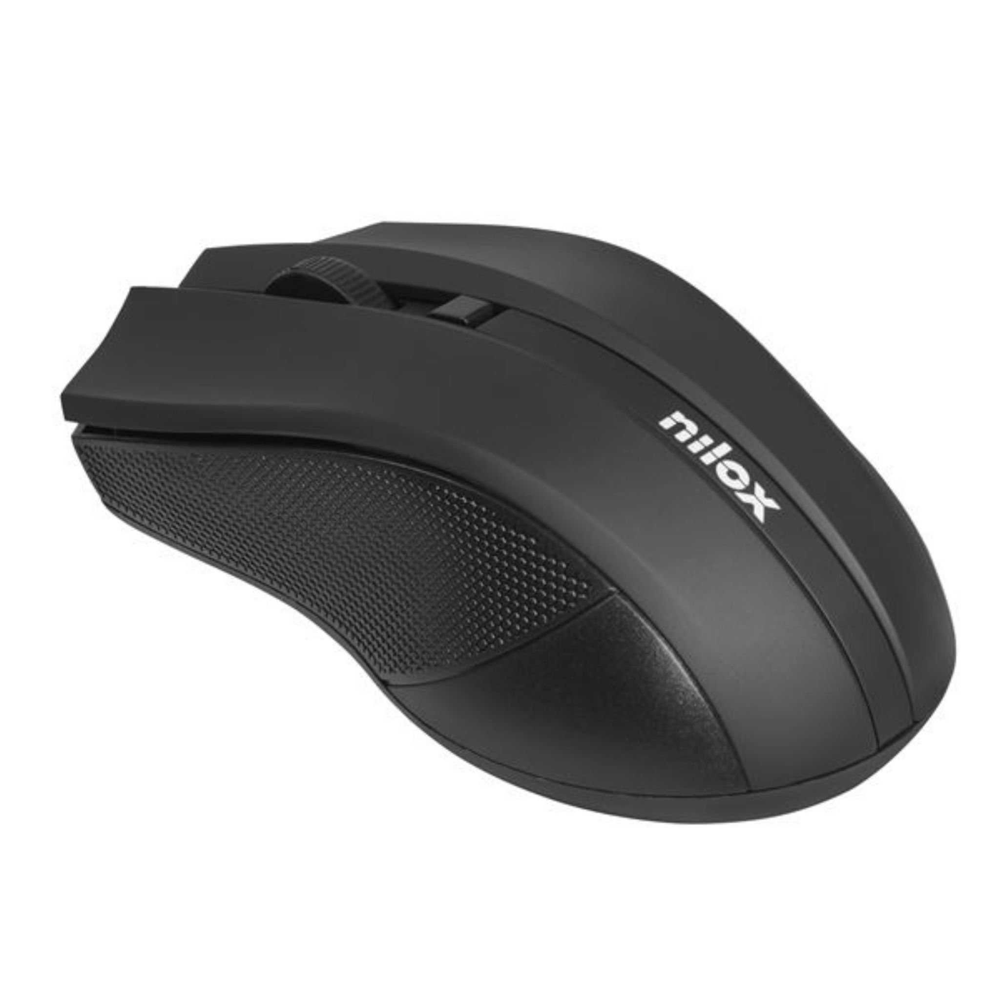 Mouse per computer nero, vista dall'alto, con design curvo e logo bianco.